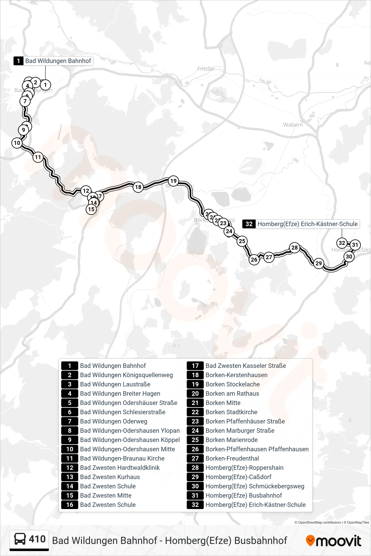 410 bus Line (Homberg(Efze) Erich-Kästner-Schule) route and stops on a map