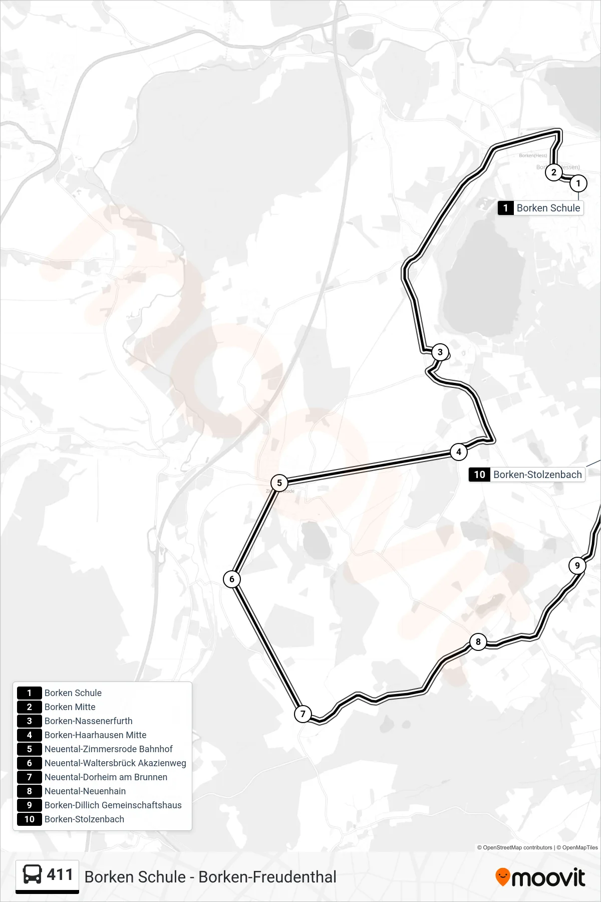 411 bus Line (Borken-Stolzenbach) route and stops on a map