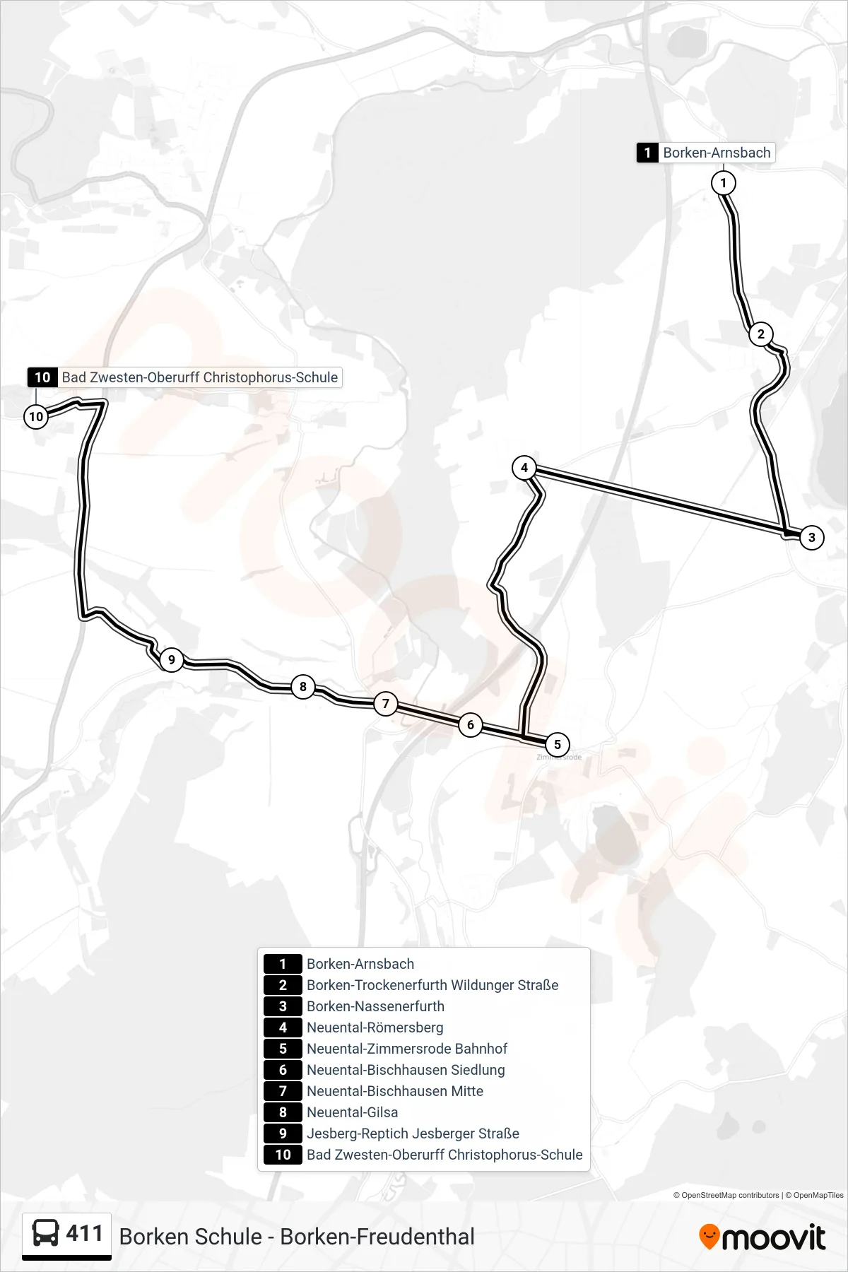 411 bus Line (Oberurff  Christophorusschule) route and stops on a map