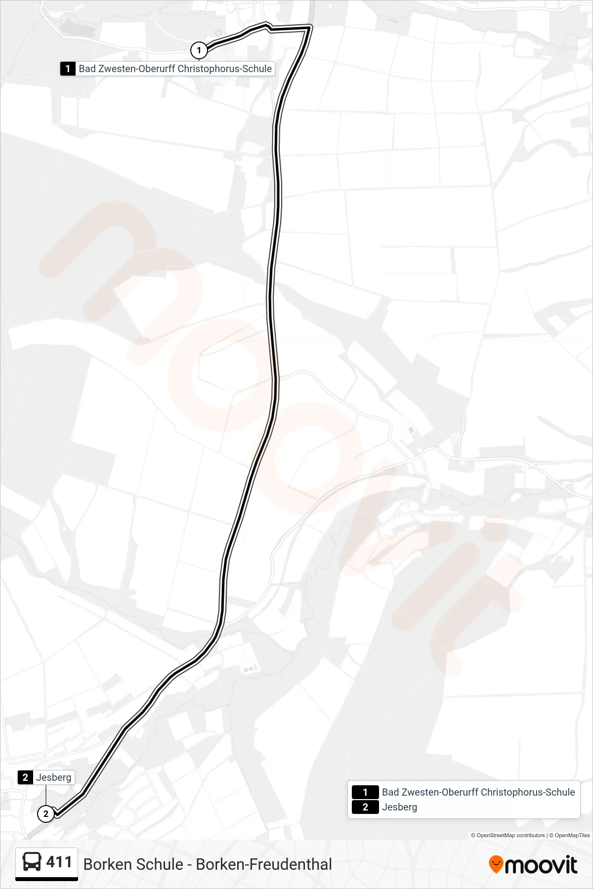 411 bus Line (Jesberg) route and stops on a map