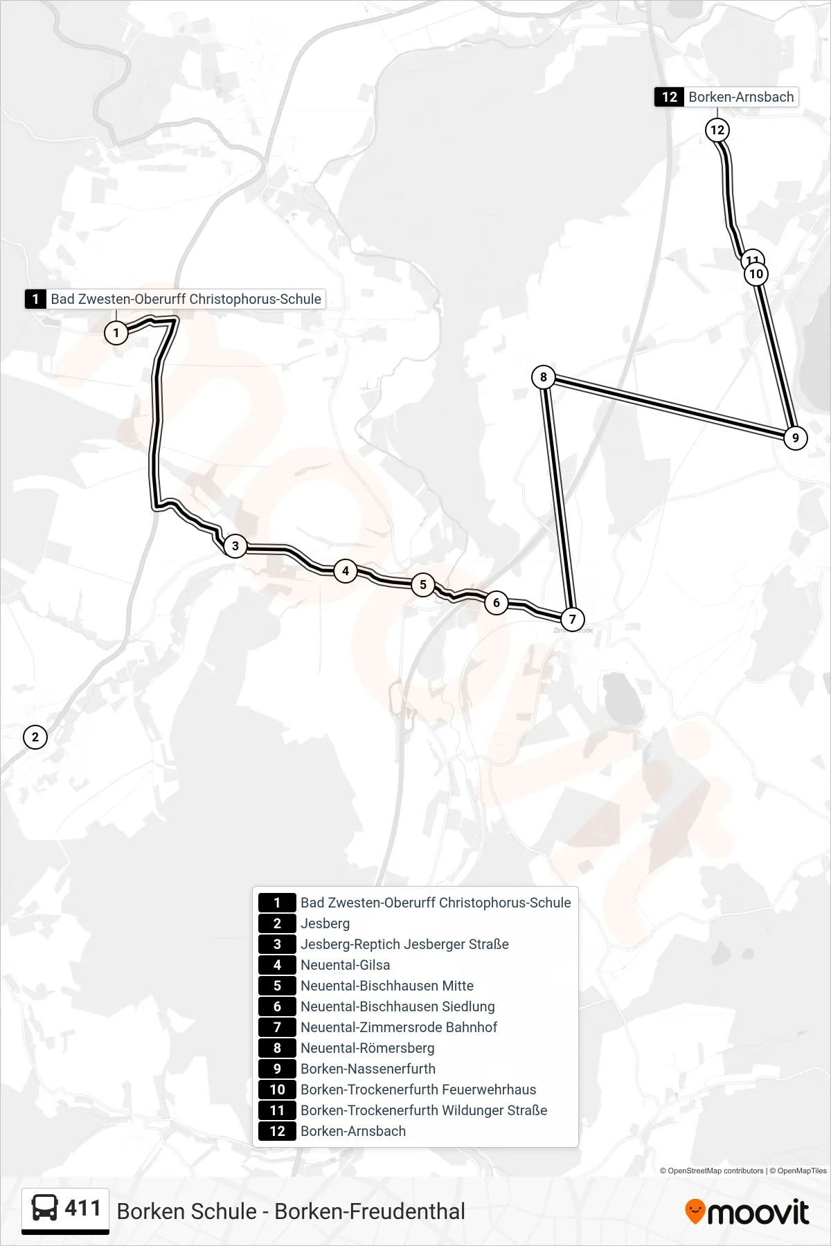 411 bus Line (Borken-Arnsbach) route and stops on a map