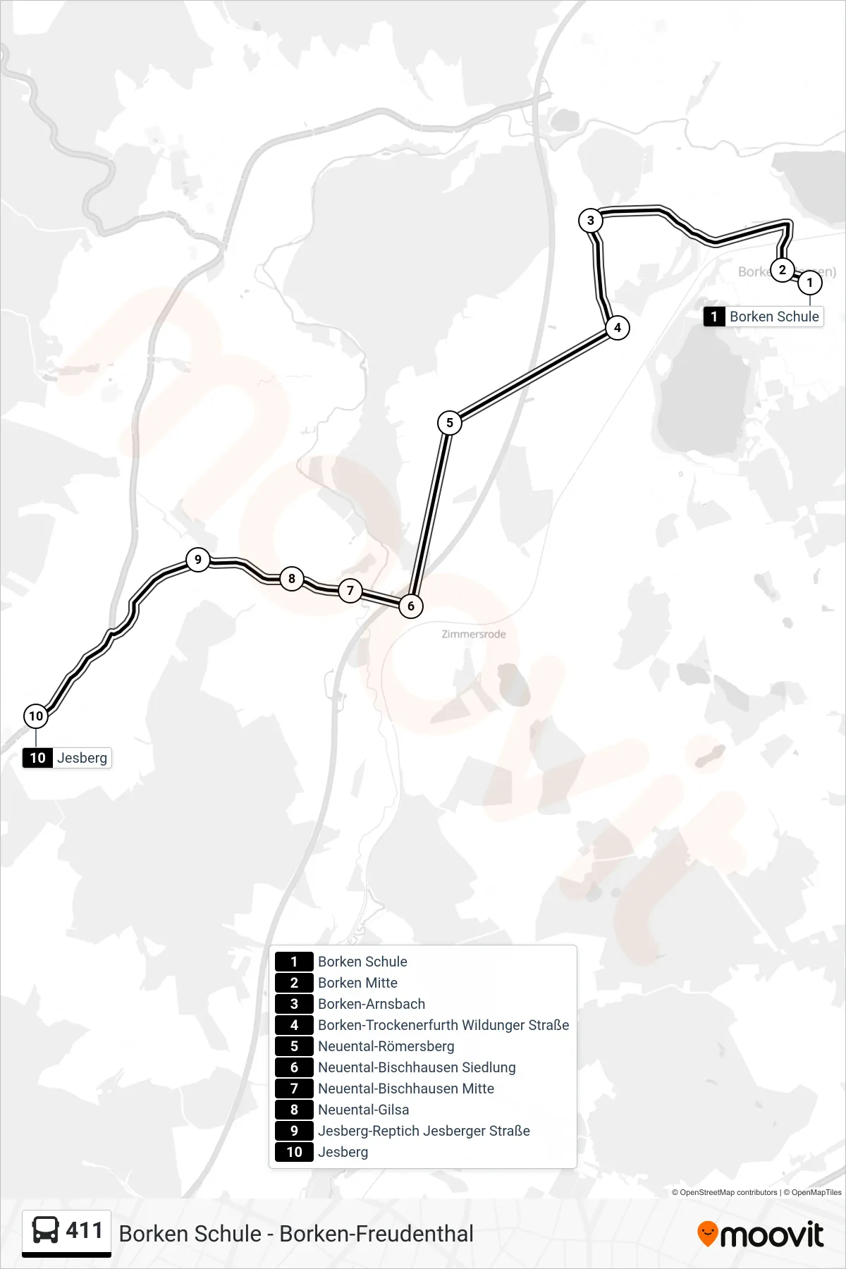 411 bus Line (Jesberg) route and stops on a map