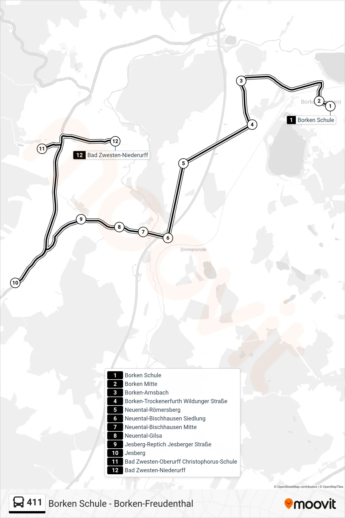 411 bus Line (Bad Zwesten-Niederurff) route and stops on a map