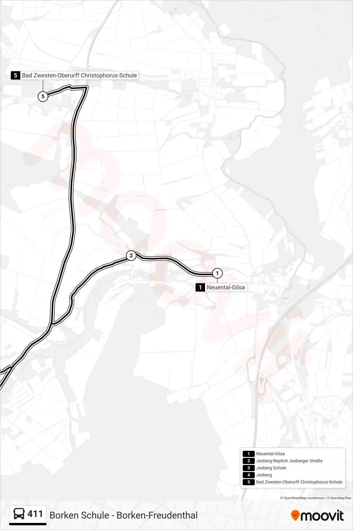 411 bus Line (Bad Zwesten-Oberurff Christophorus-Schule) route and stops on a map