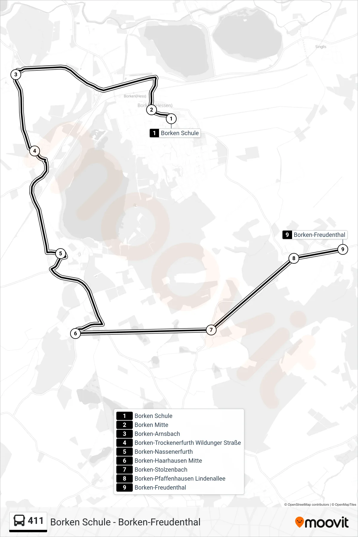 411 bus Line (Haarhausen) route and stops on a map