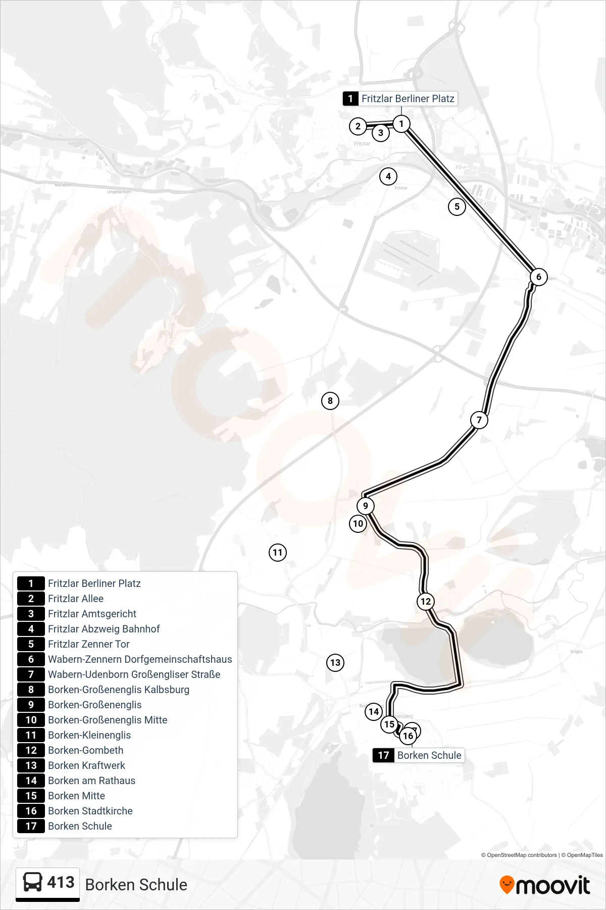 413 bus Line (Borken Schule) route and stops on a map