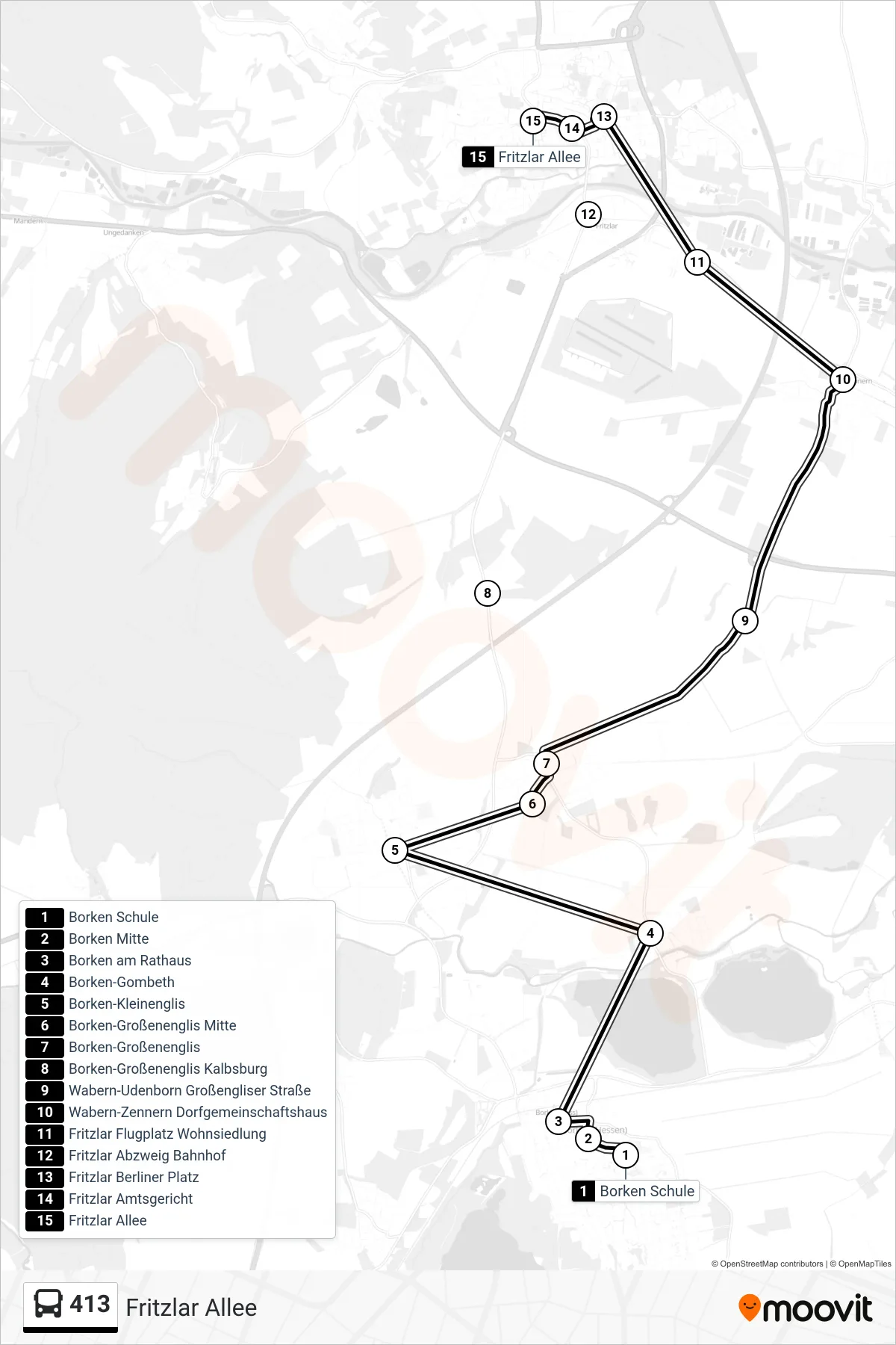 413 bus Line (Fritzlar Allee) route and stops on a map
