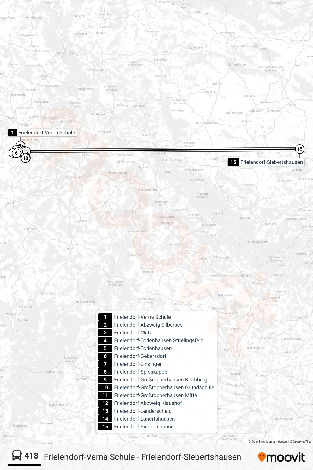 418 bus Line (Frielendorf-Siebertshausen) route and stops on a map