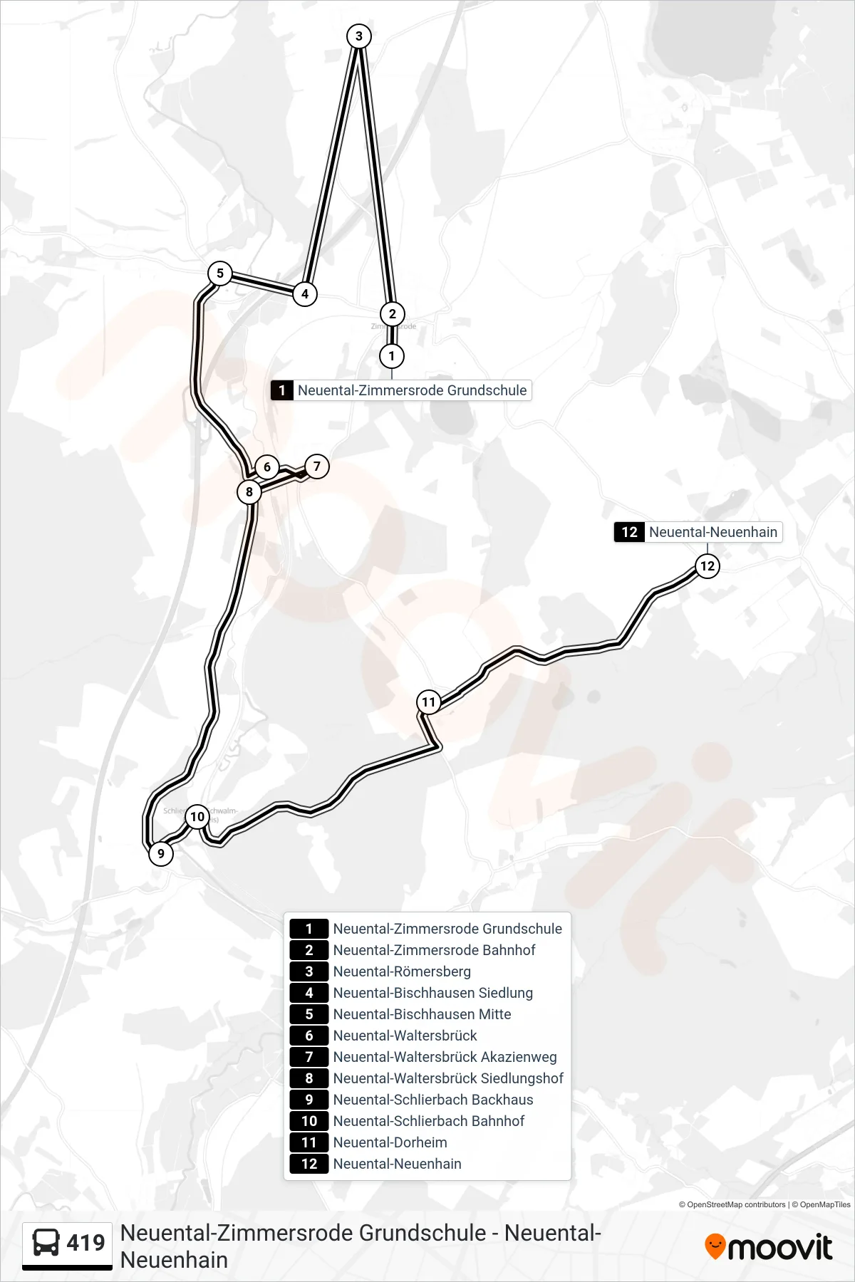 419 bus Line (Neuenhain) route and stops on a map