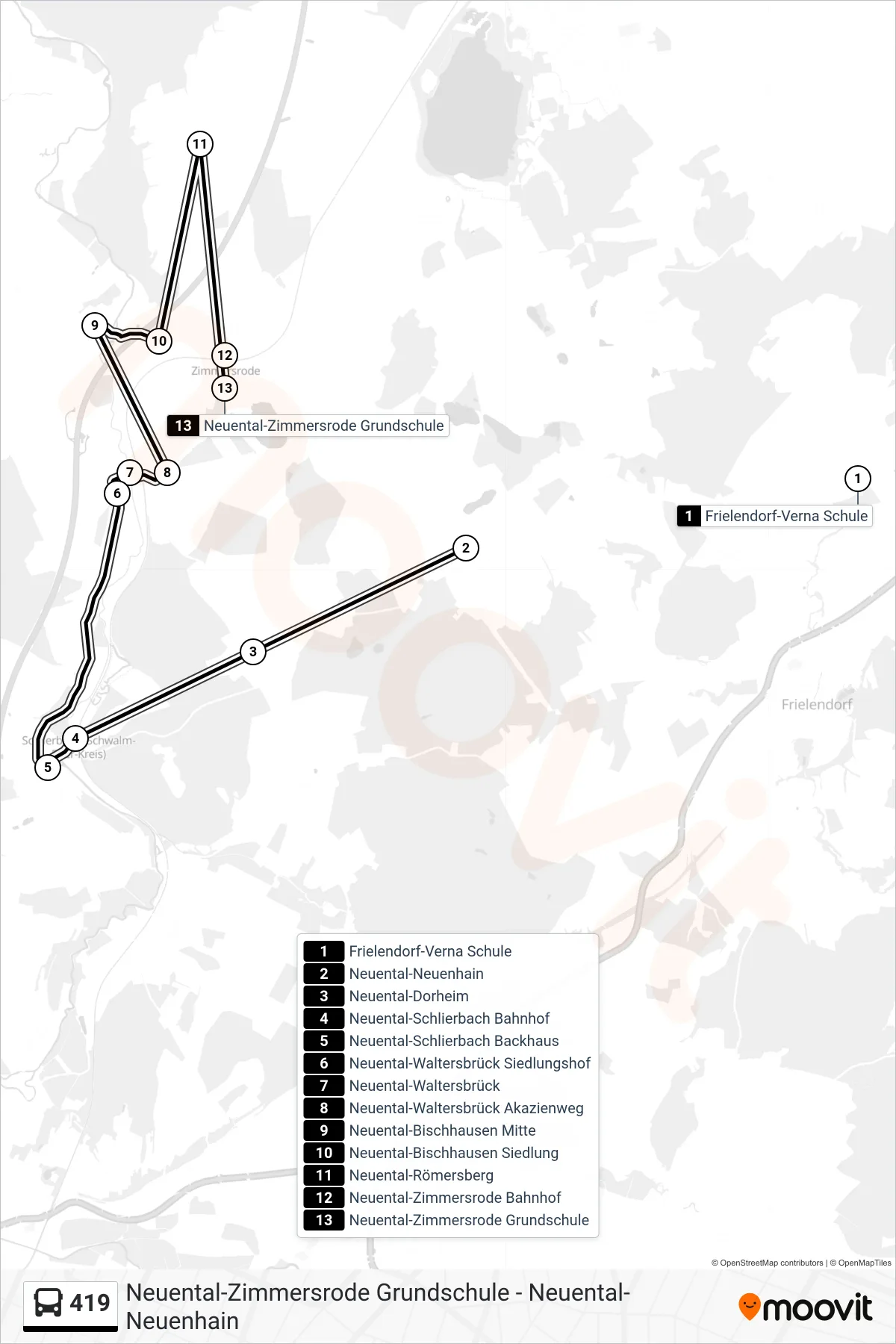 419 bus Line (Neuental-Zimmersrode Grundschule) route and stops on a map