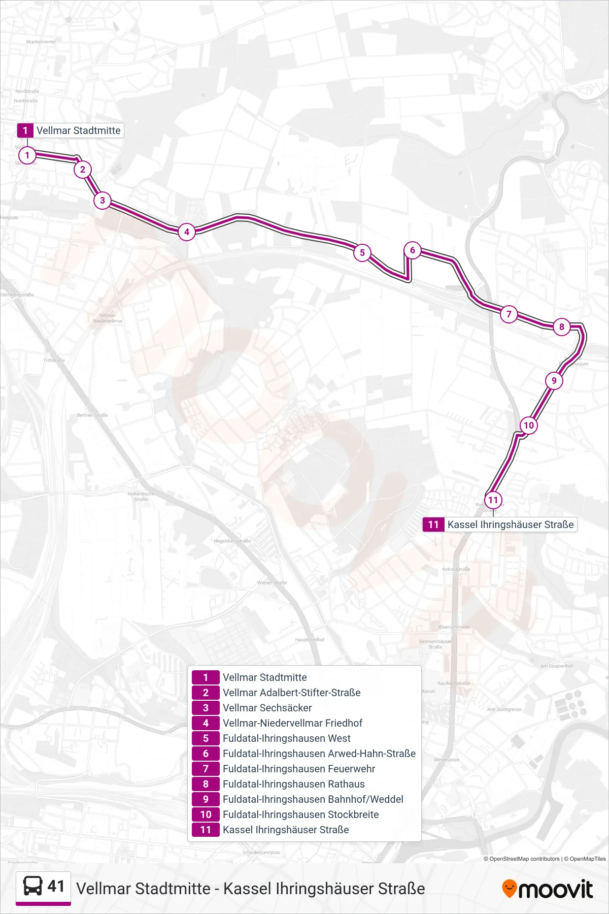 Linie 41 (Bus) Richtung Ihringshäuser Straße: Route und Haltestellen auf der Karte