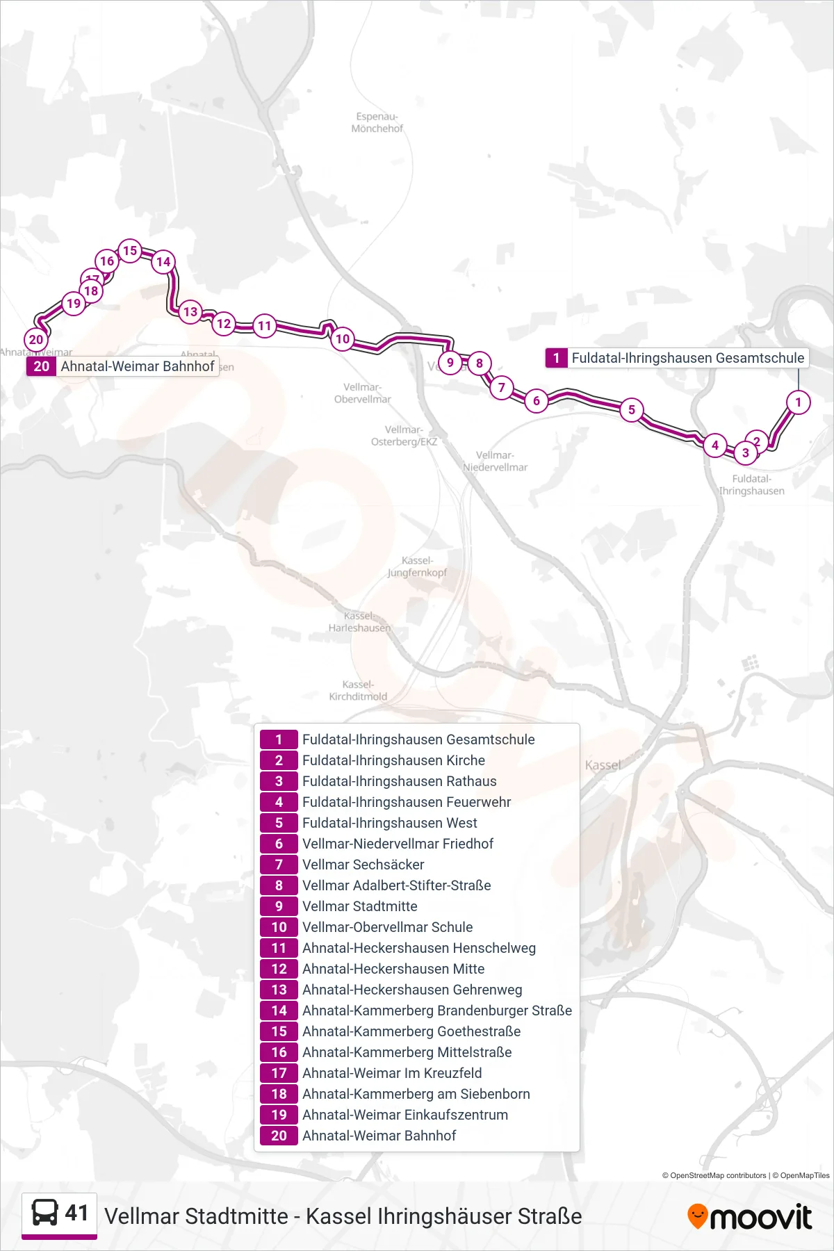 41 bus Line (Ahnatal-Weimar Bahnhof) route and stops on a map