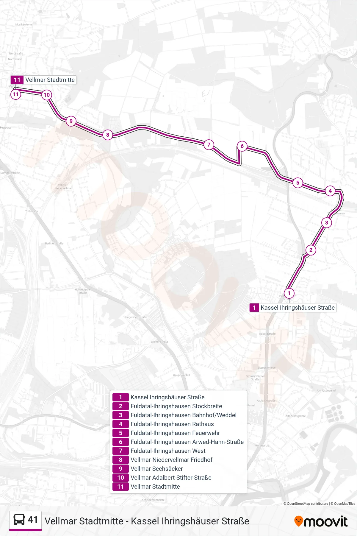 Linie 41 (Bus) Richtung Vellmar Stadtmitte: Route und Haltestellen auf der Karte