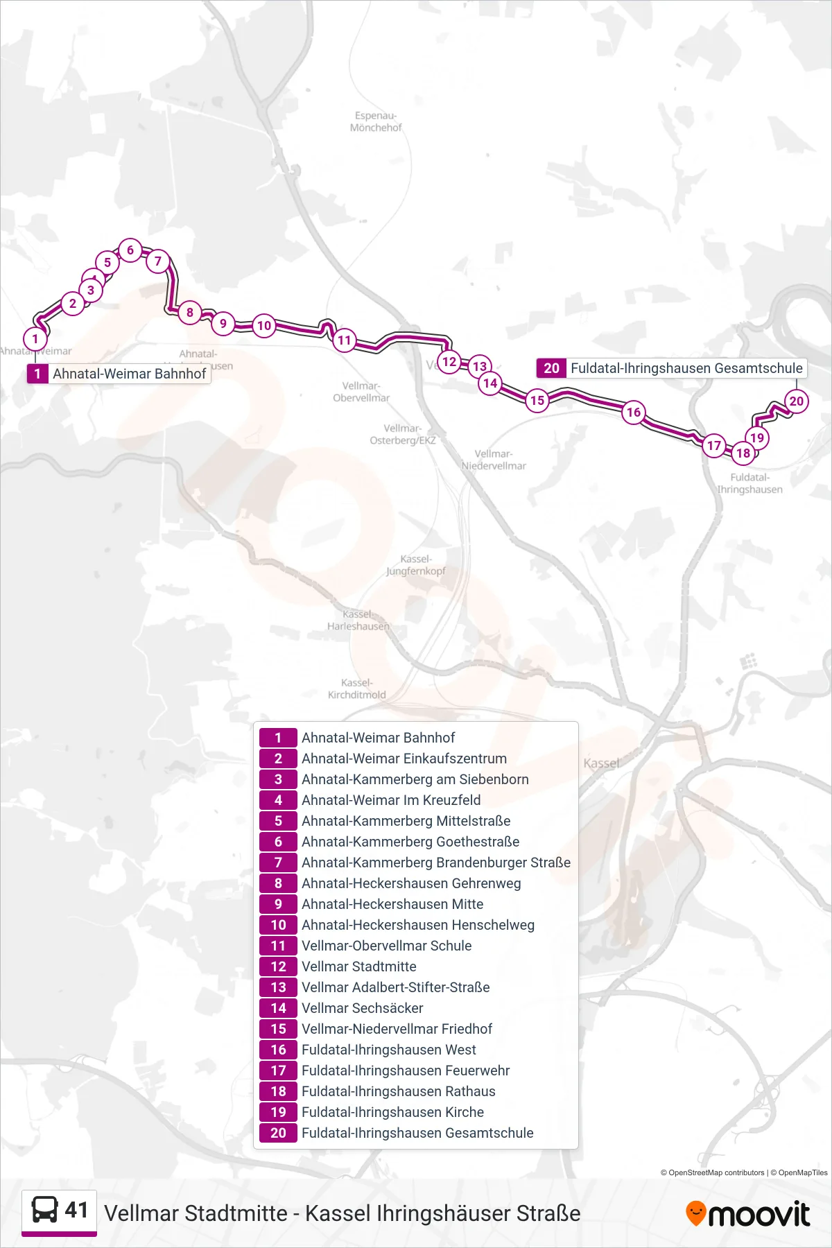 41 bus Line (Fuldatal-Ihringshausen Gesamtschule) route and stops on a map