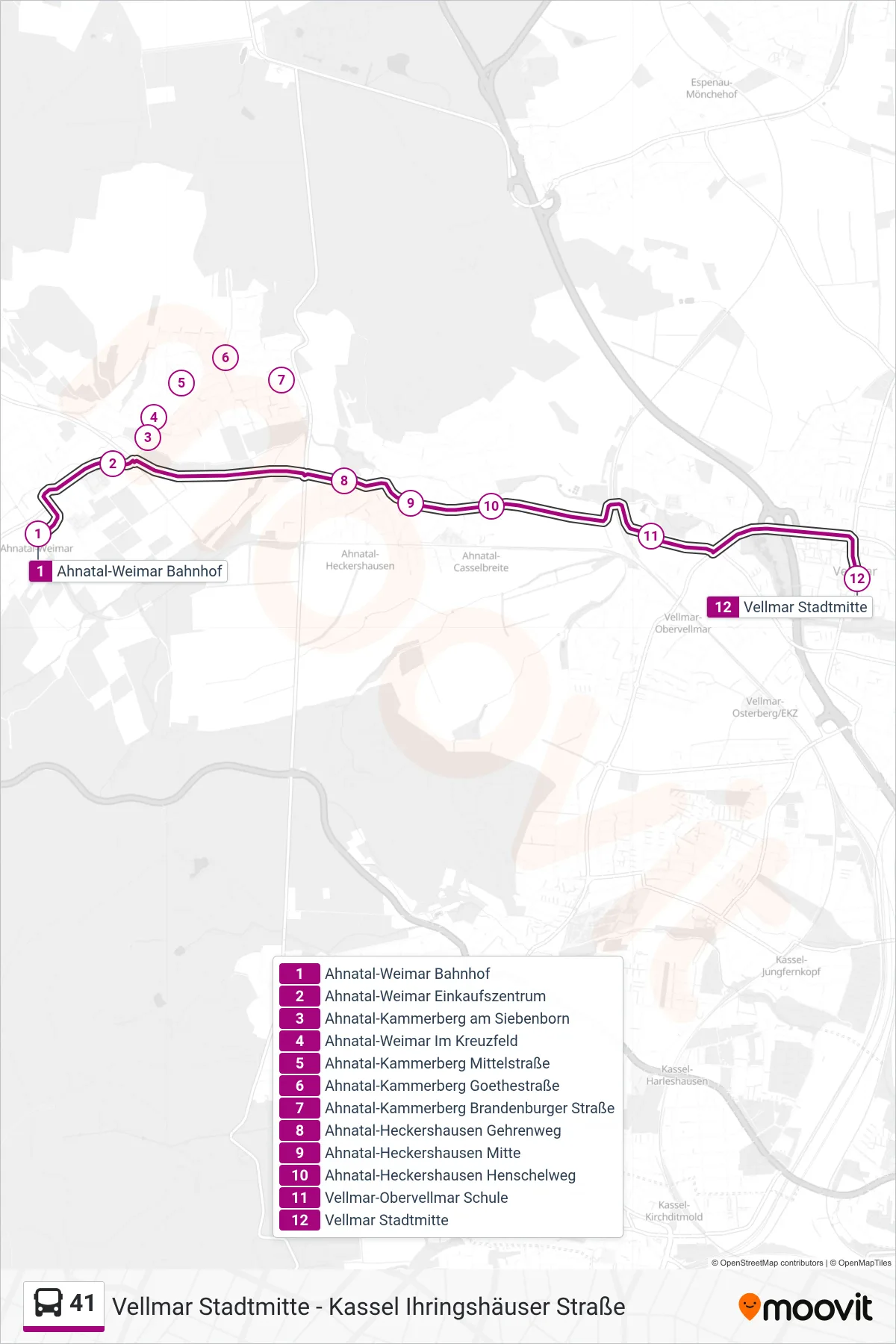 Linie 41 (Bus) Richtung Vellmar Stadtmitte: Route und Haltestellen auf der Karte