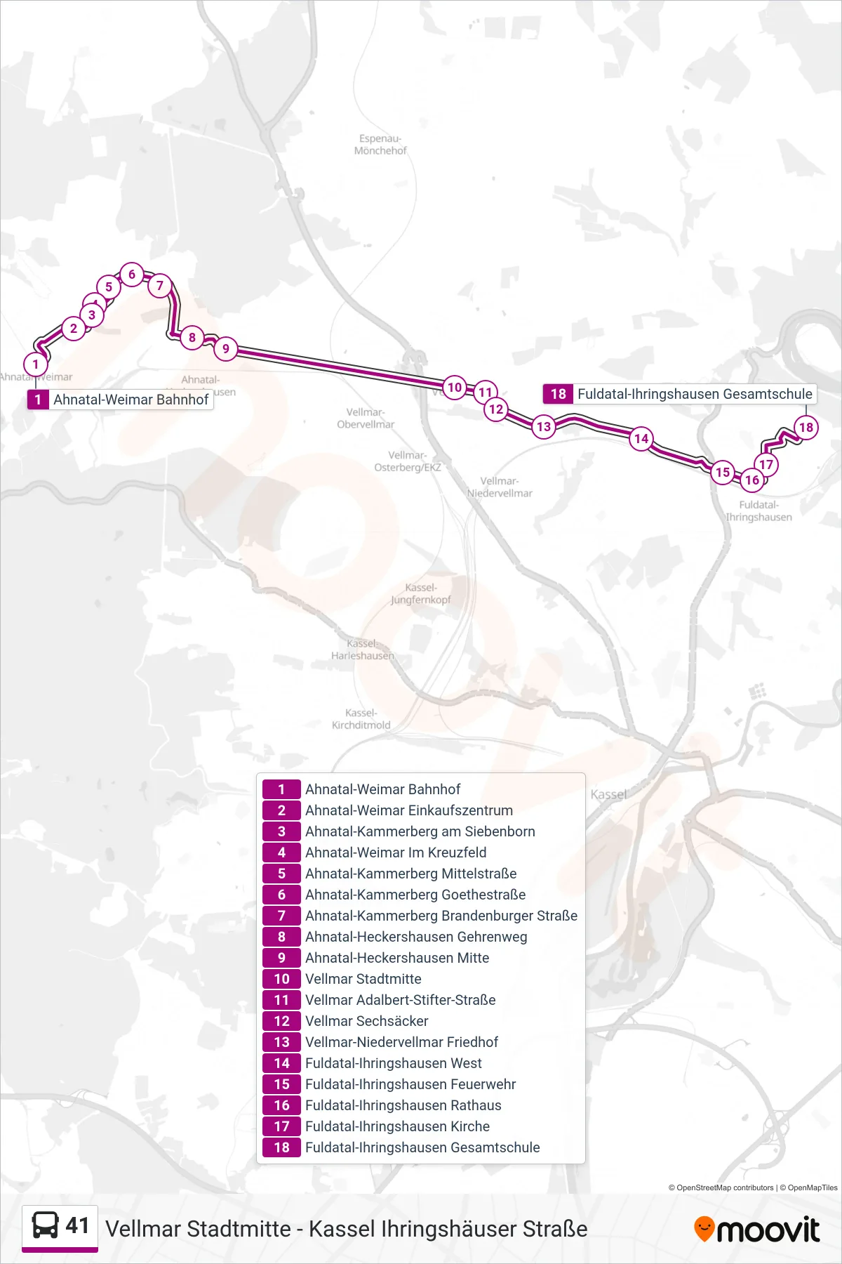 Linie 41 (Bus) Richtung Ihringshausen GS: Route und Haltestellen auf der Karte