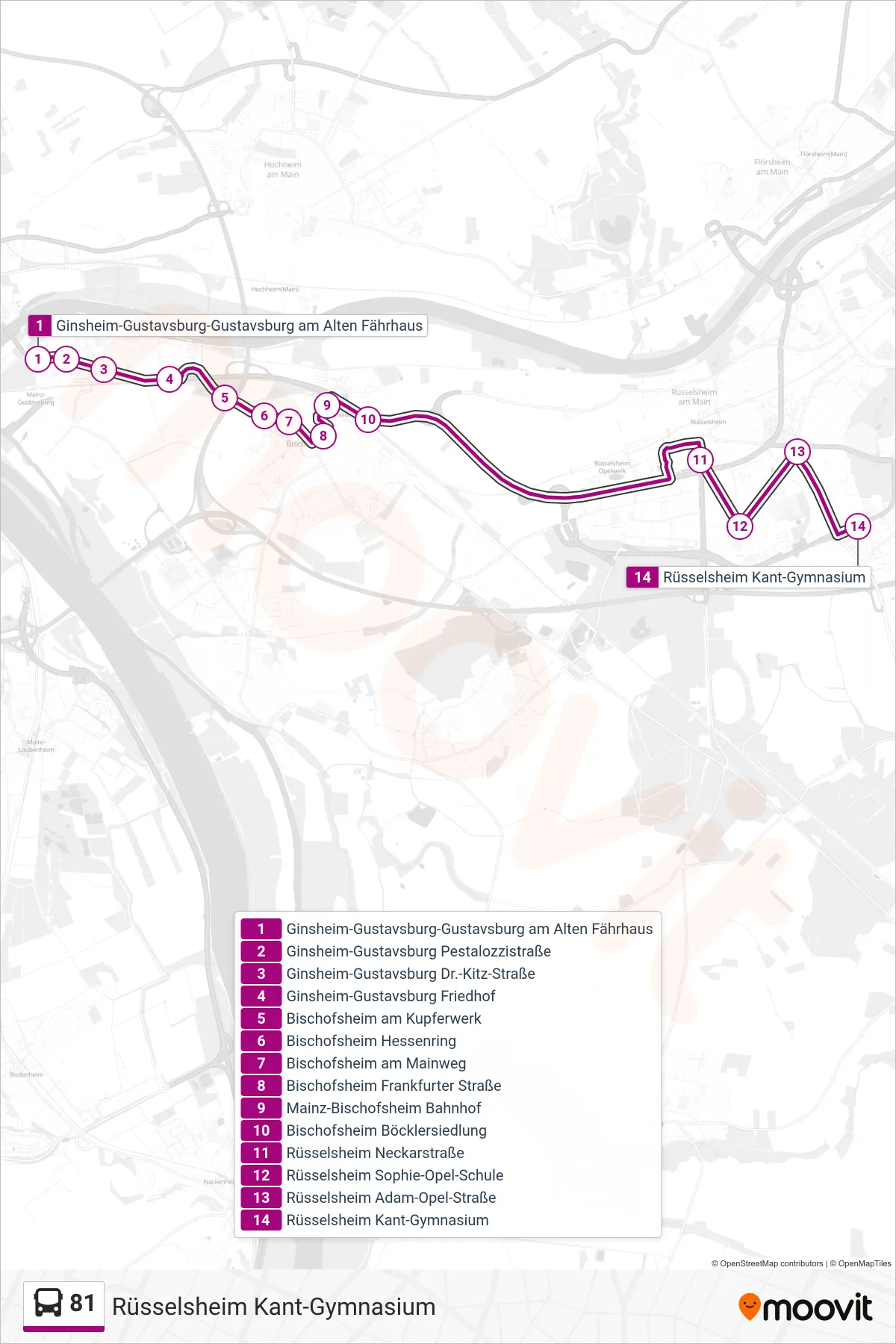 81 bus Line (Rüsselsheim Kant-Gymnasium) route and stops on a map