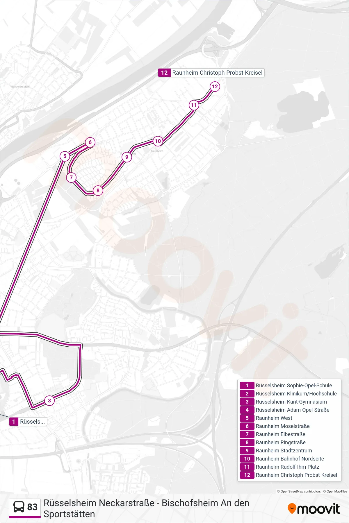 83 bus Line (Raunheim Christoph-Probst-Kreisel) route and stops on a map