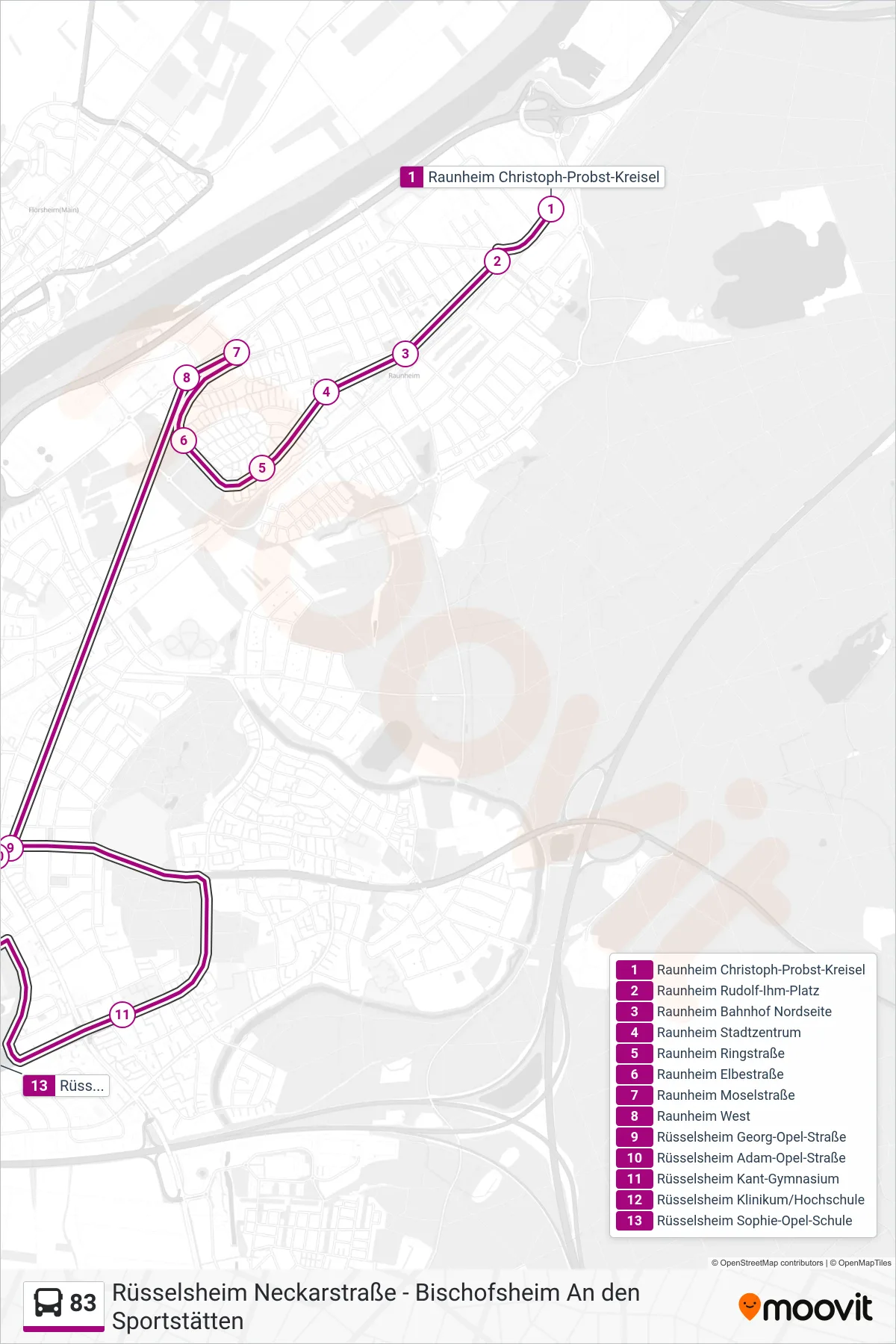83 bus Line (Rüsselsheim Sophie-Opel-Schule) route and stops on a map