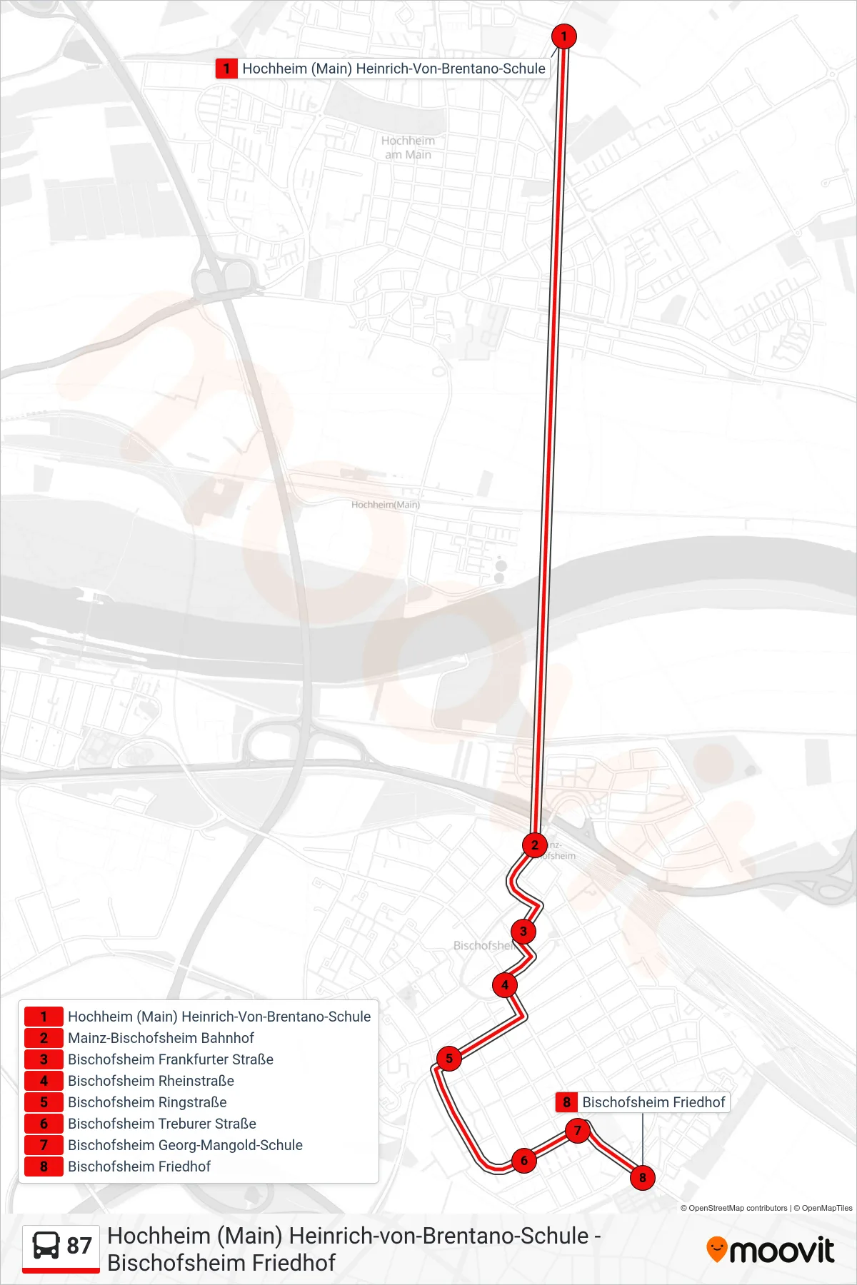 Linie 87 (Bus) Richtung Bischofsheim Friedhof: Route und Haltestellen auf der Karte