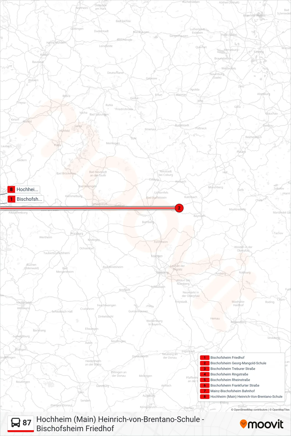 87 bus Line (Hochheim (Main) Heinrich-Von-Brentano-Schule) route and stops on a map