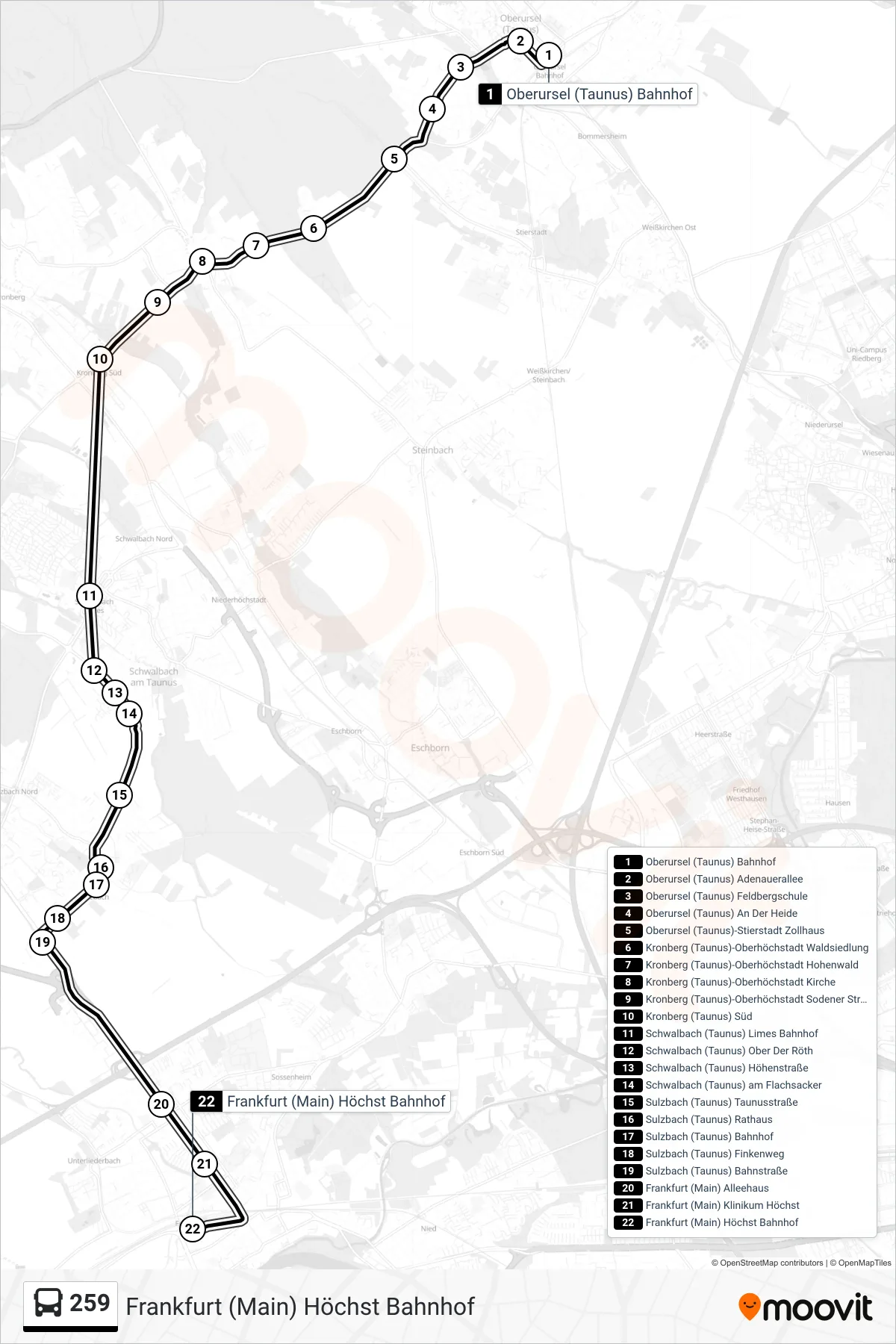 Linie 259 (Bus) Richtung Frankfurt (Main) Höchst Bahnhof: Route und Haltestellen auf der Karte