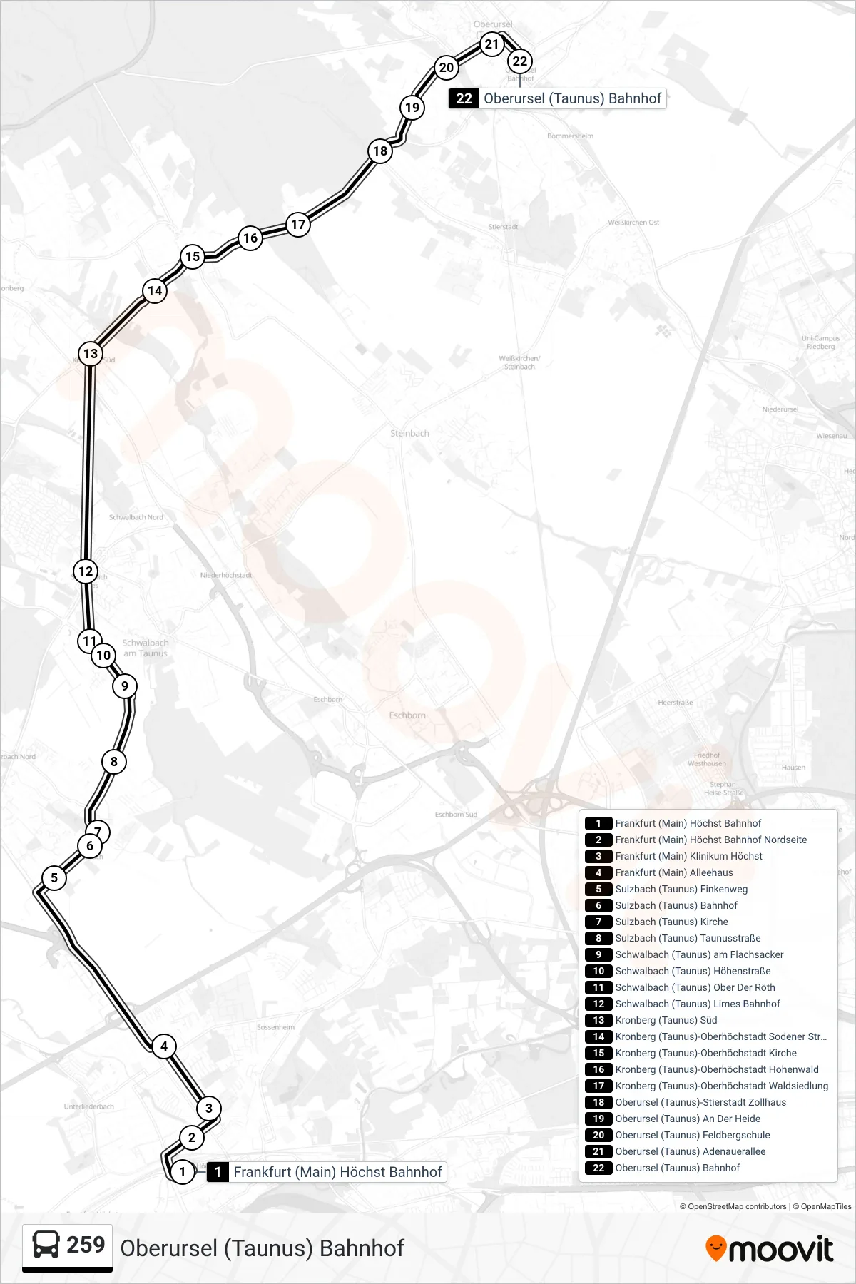 259 bus Line (Oberursel (Taunus) Bahnhof) route and stops on a map