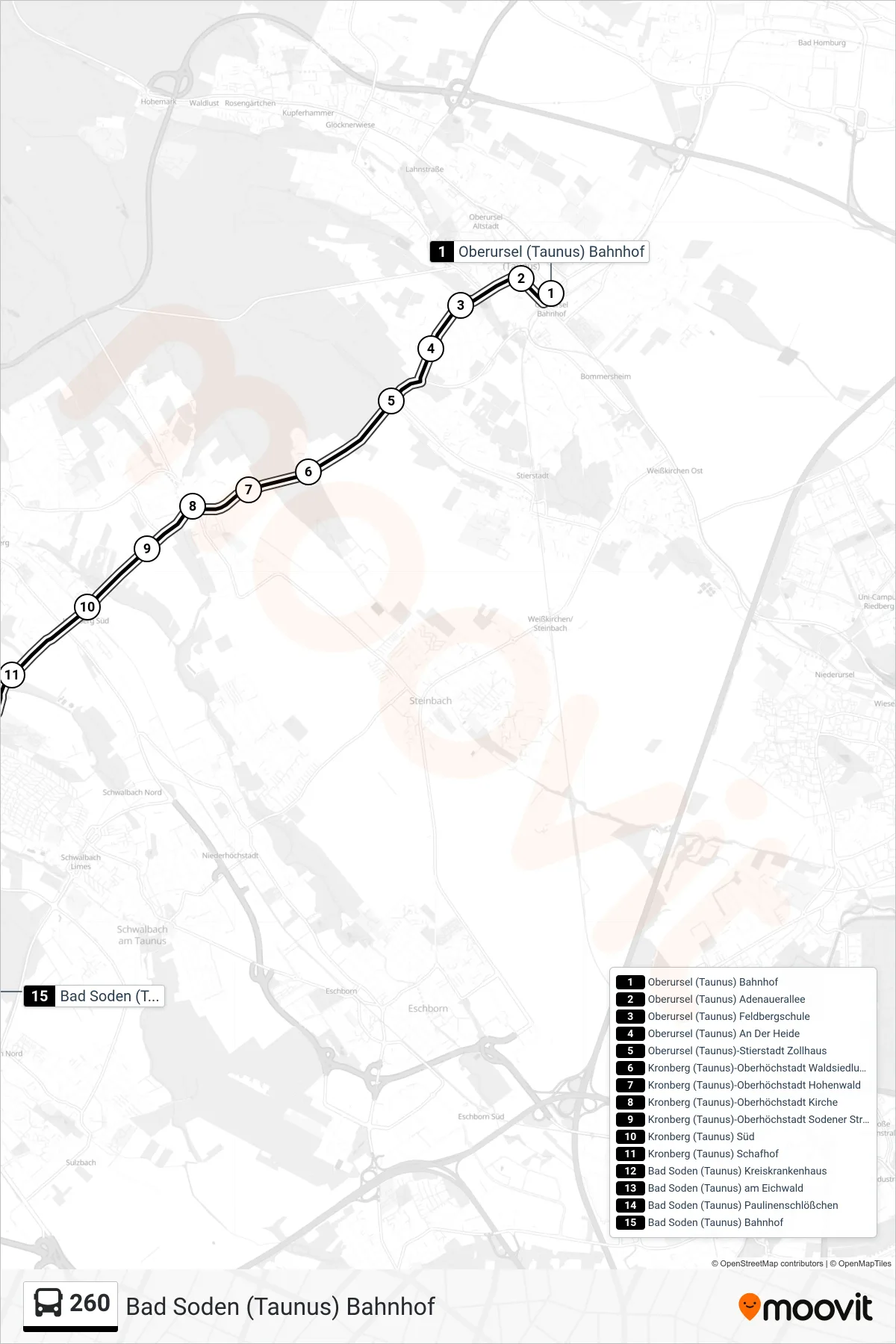 260 bus Line (Bad Soden (Taunus) Bahnhof) route and stops on a map