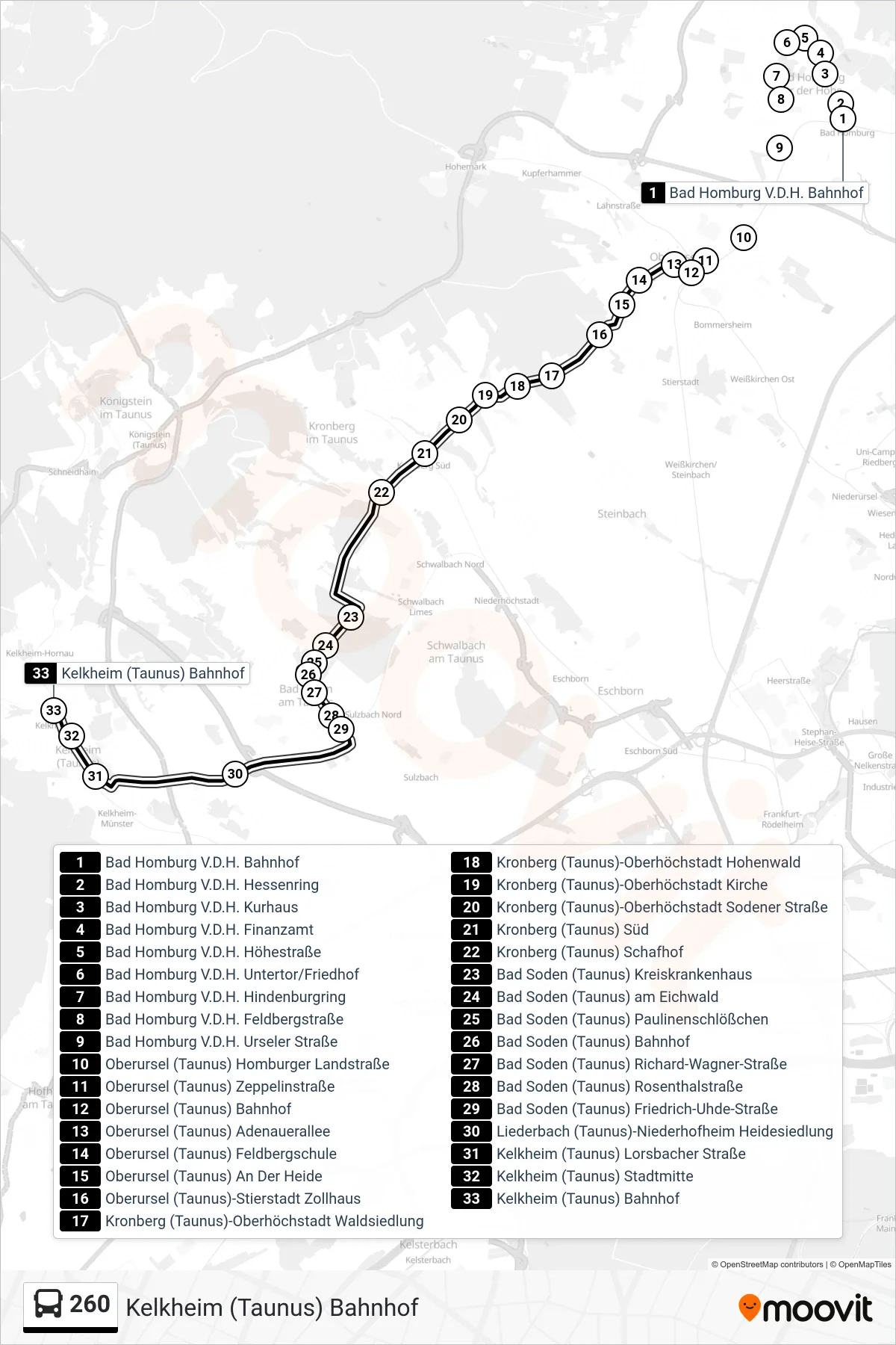 Linie 260 (Bus) Richtung Kelkheim (Taunus) Bahnhof: Route und Haltestellen auf der Karte