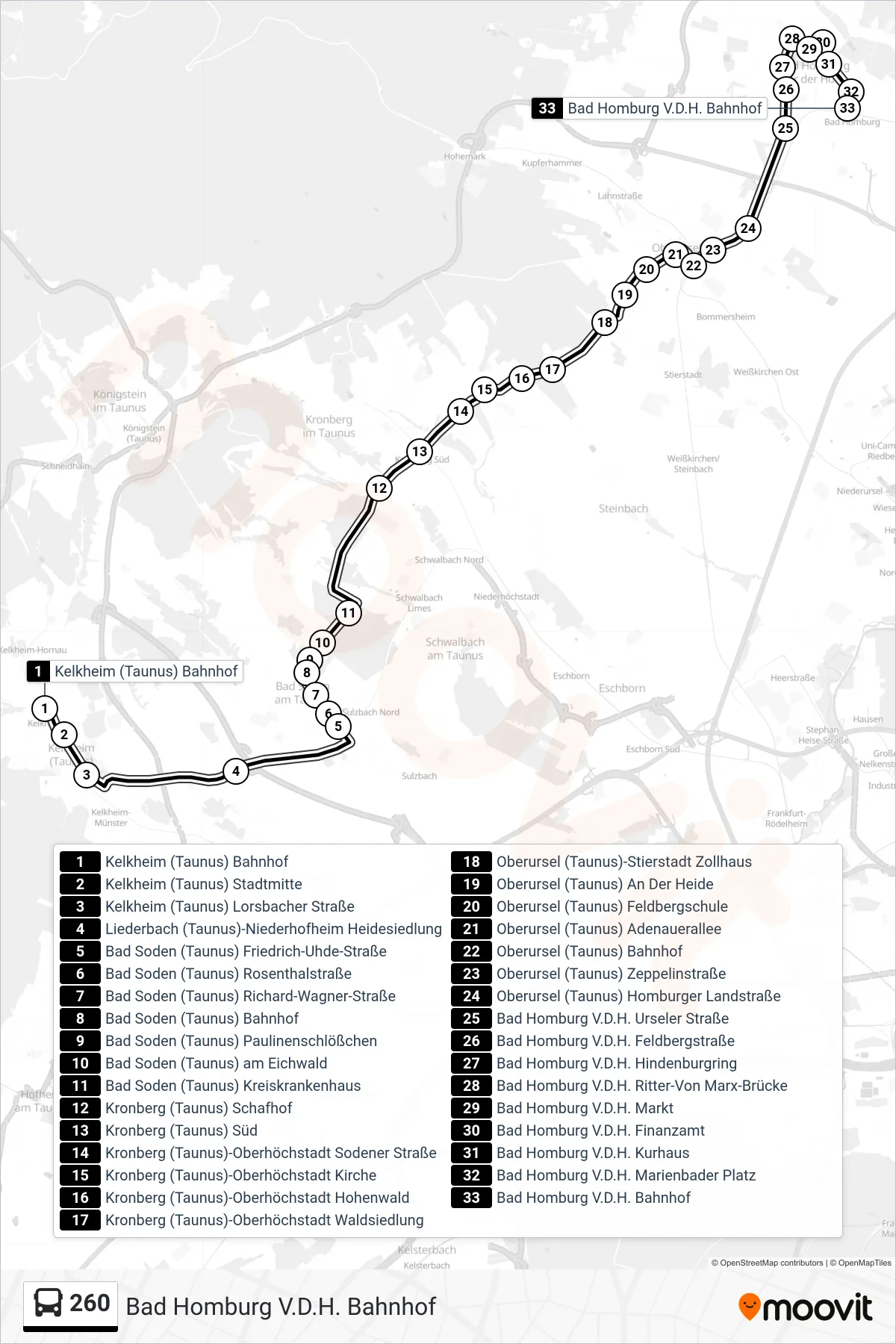 260 bus Line (Bad Homburg V.D.H. Bahnhof) route and stops on a map