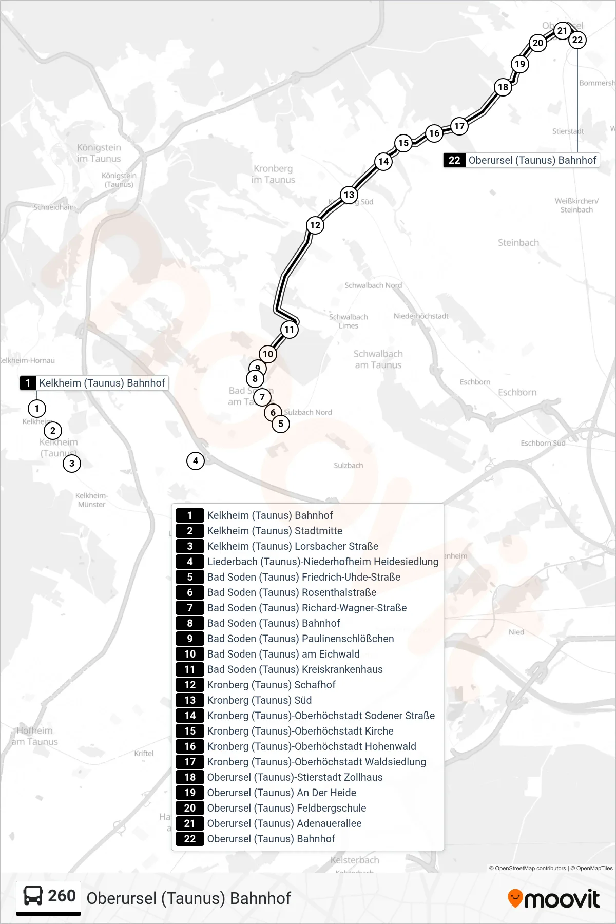 260 bus Line (Oberursel (Taunus) Bahnhof) route and stops on a map