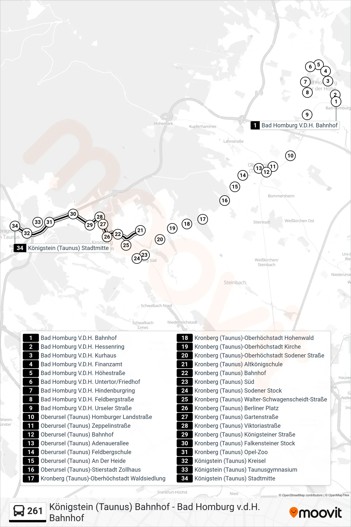 261 bus Line (Königstein (Taunus) Stadtmitte) route and stops on a map