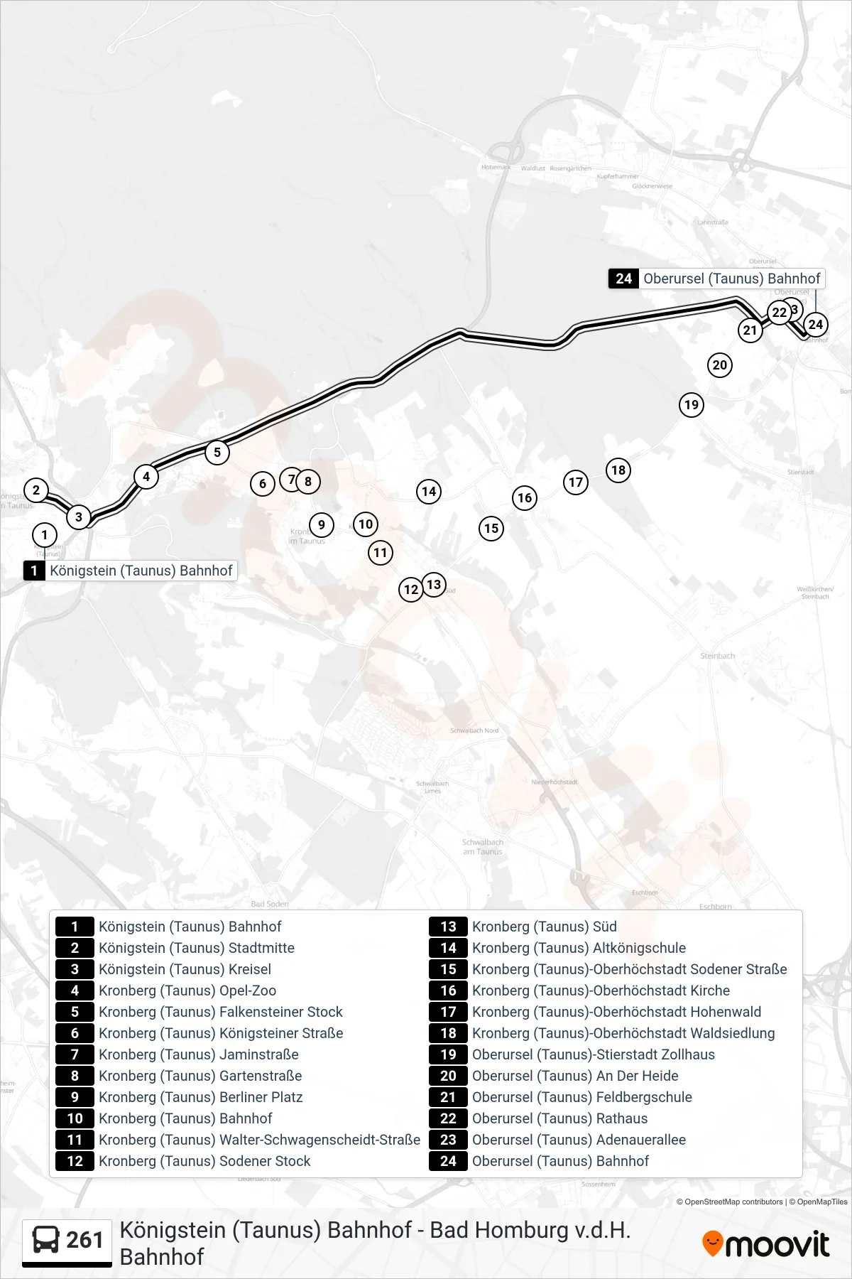 261 bus Line (Oberursel (Taunus) Bahnhof) route and stops on a map