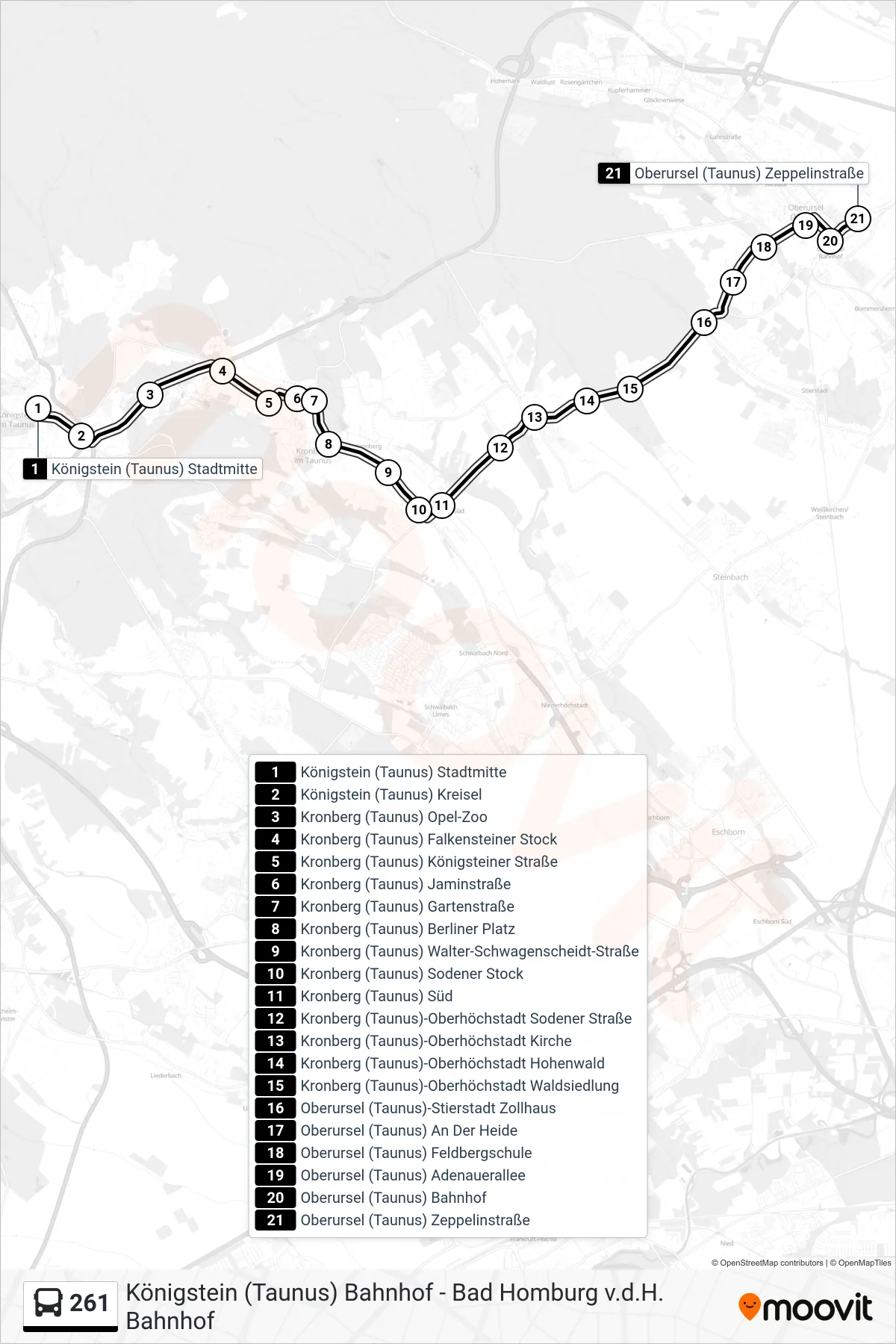 261 bus Line (Oberursel (Taunus) Zeppelinstraße) route and stops on a map
