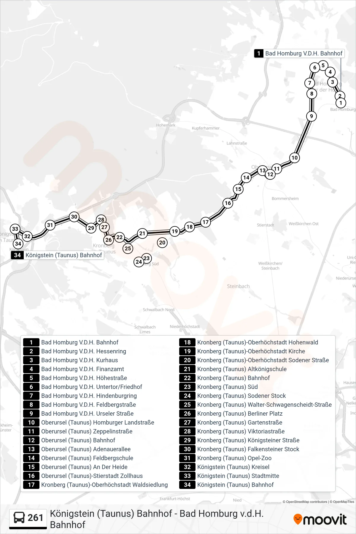 Linie 261 (Bus) Richtung Königstein (Taunus) Bahnhof: Route und Haltestellen auf der Karte