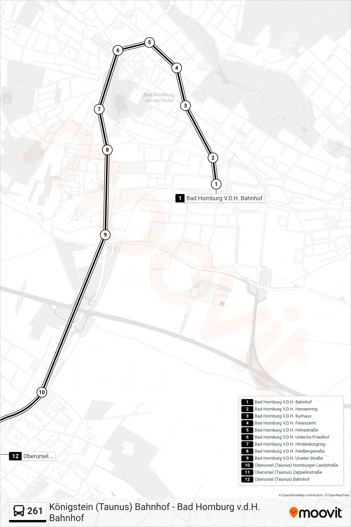 261 bus Line (Oberursel (Taunus) Bahnhof) route and stops on a map