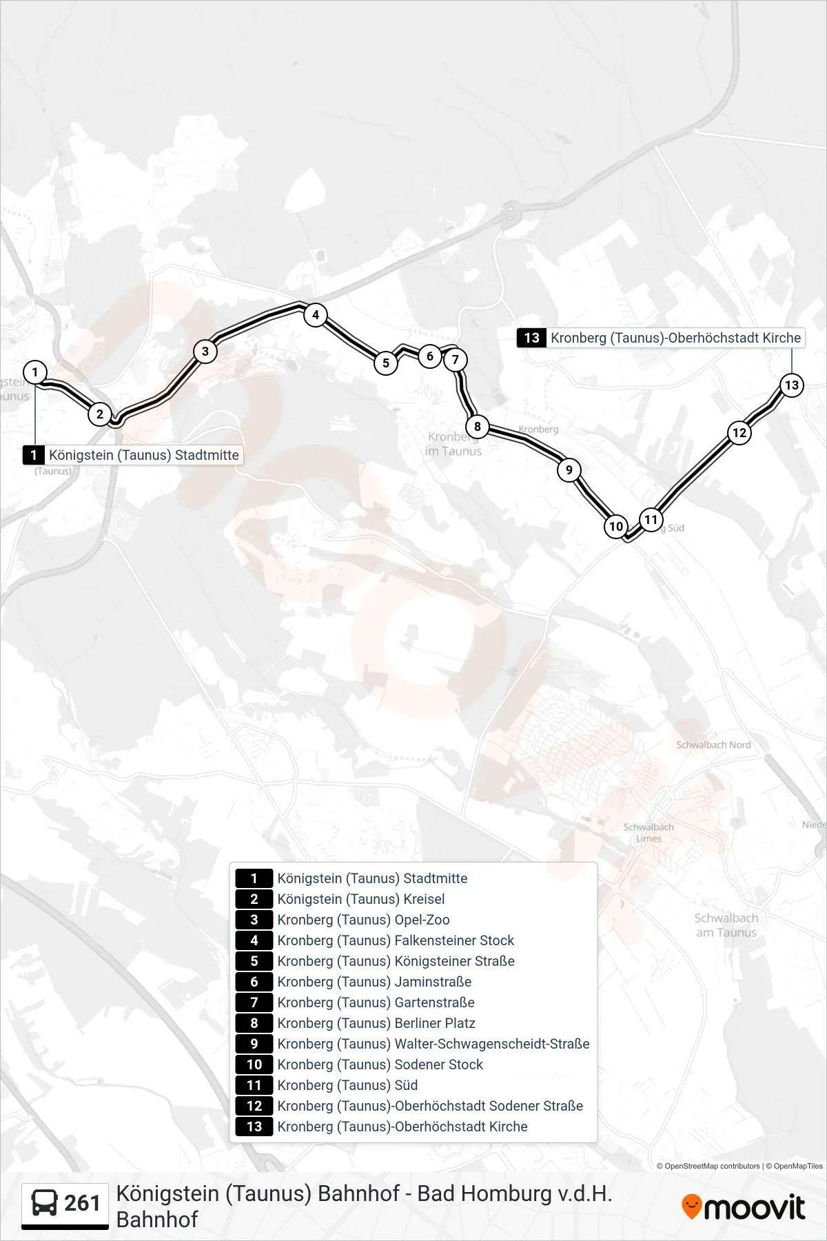261 bus Line (Kronberg (Taunus)-Oberhöchstadt Kirche) route and stops on a map