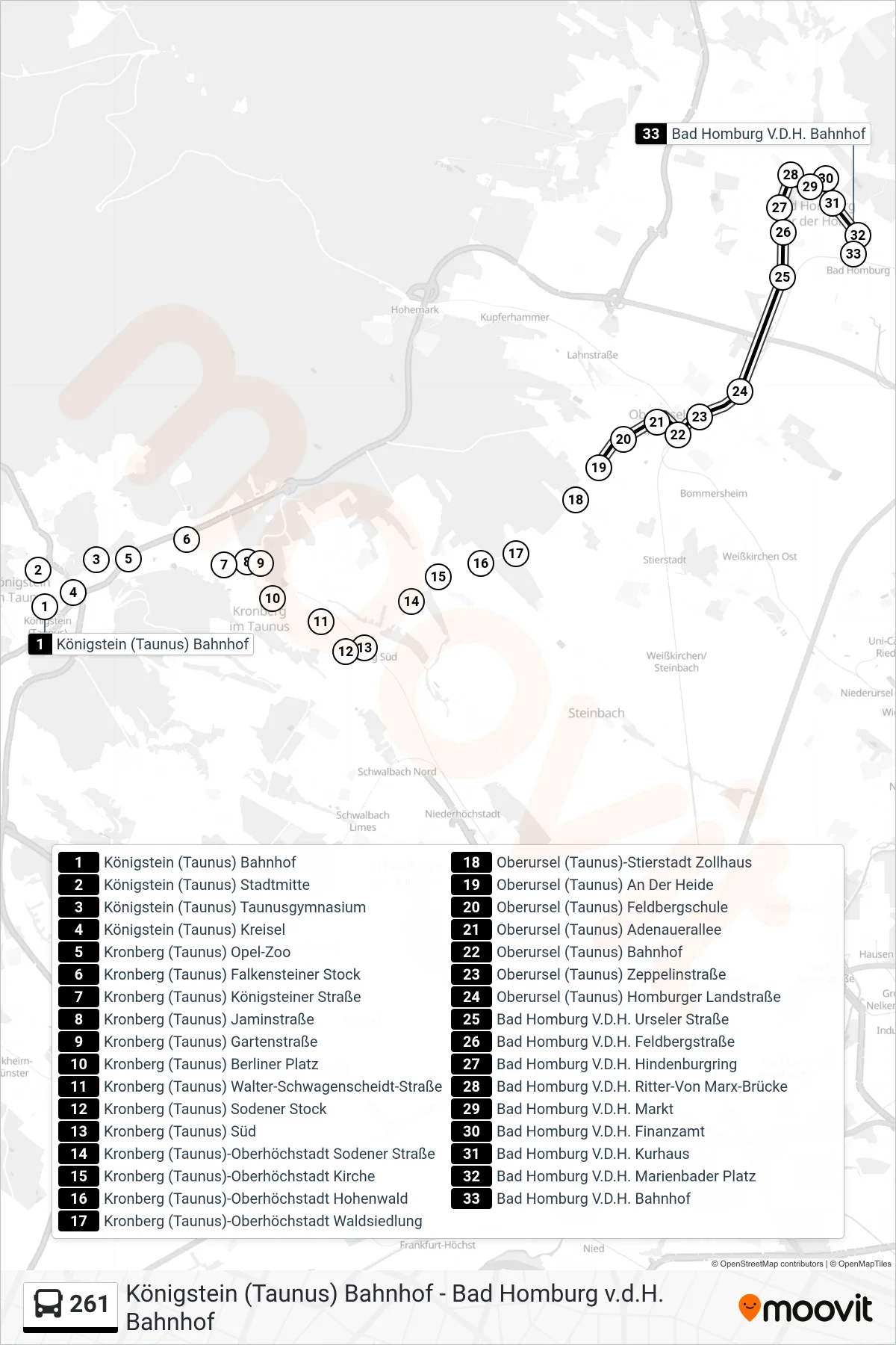 261 bus Line (Bad Homburg V.D.H. Bahnhof) route and stops on a map
