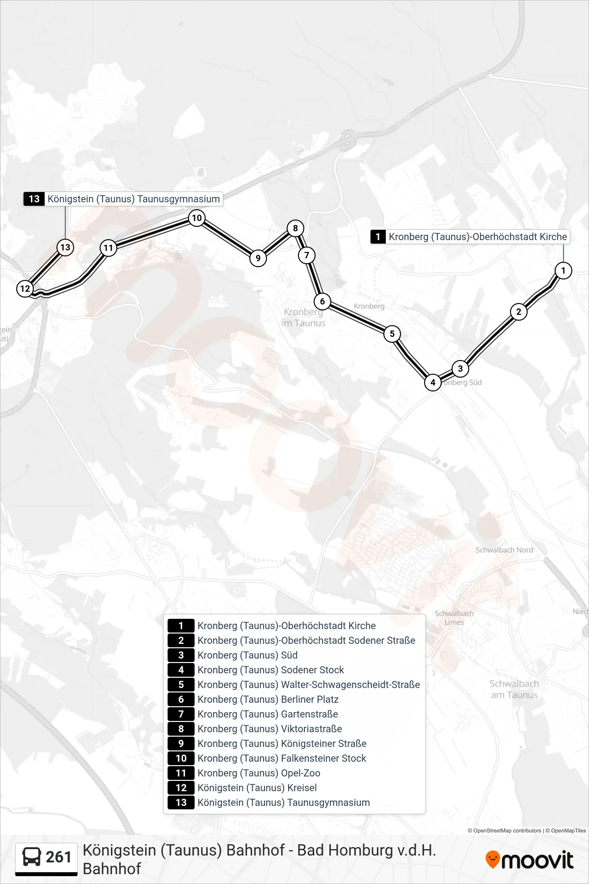 261 bus Line (Königstein (Taunus) Taunusgymnasium) route and stops on a map