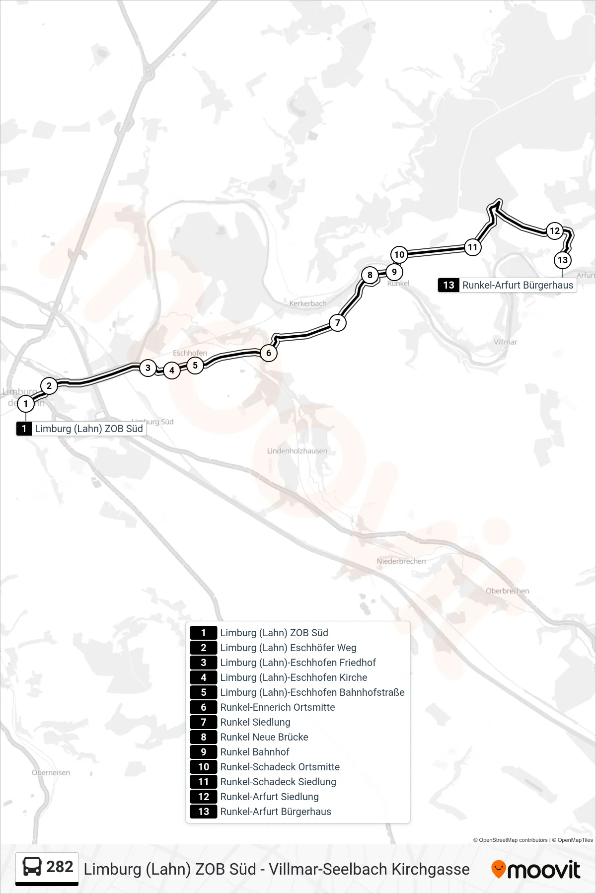 282 bus Line (Runkel-Arfurt Bürgerhaus) route and stops on a map