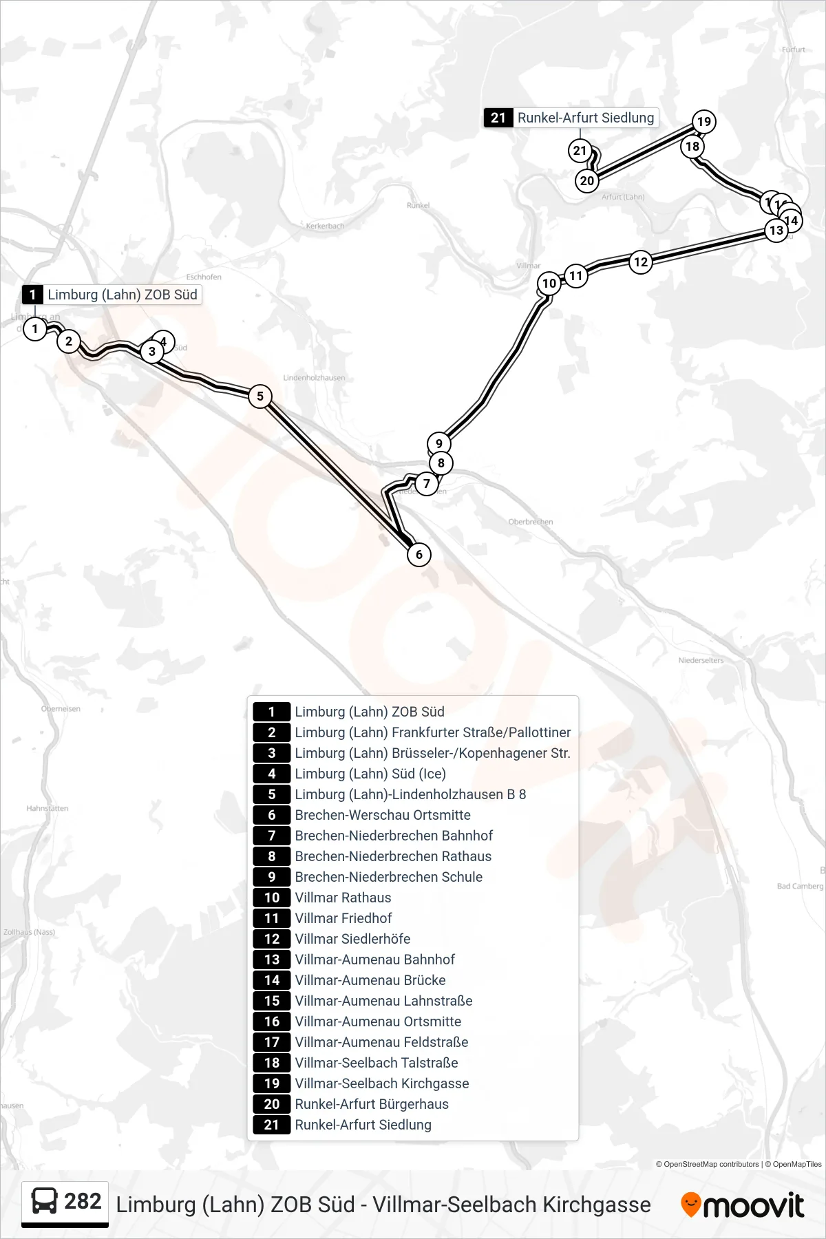 Linie 282 (Bus) Richtung Runkel-Arfurt Siedlung: Route und Haltestellen auf der Karte
