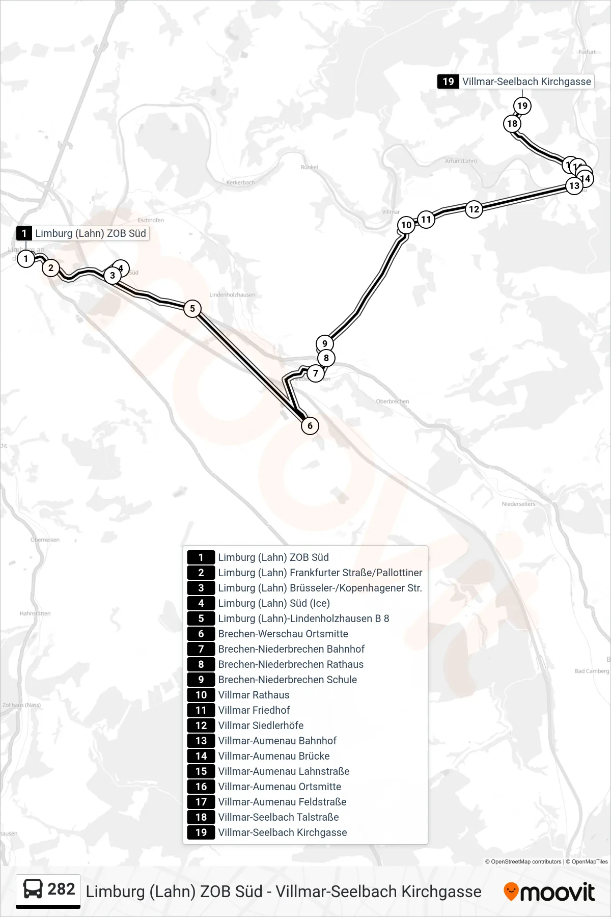 282 bus Line (Villmar-Seelbach Kirchgasse) route and stops on a map