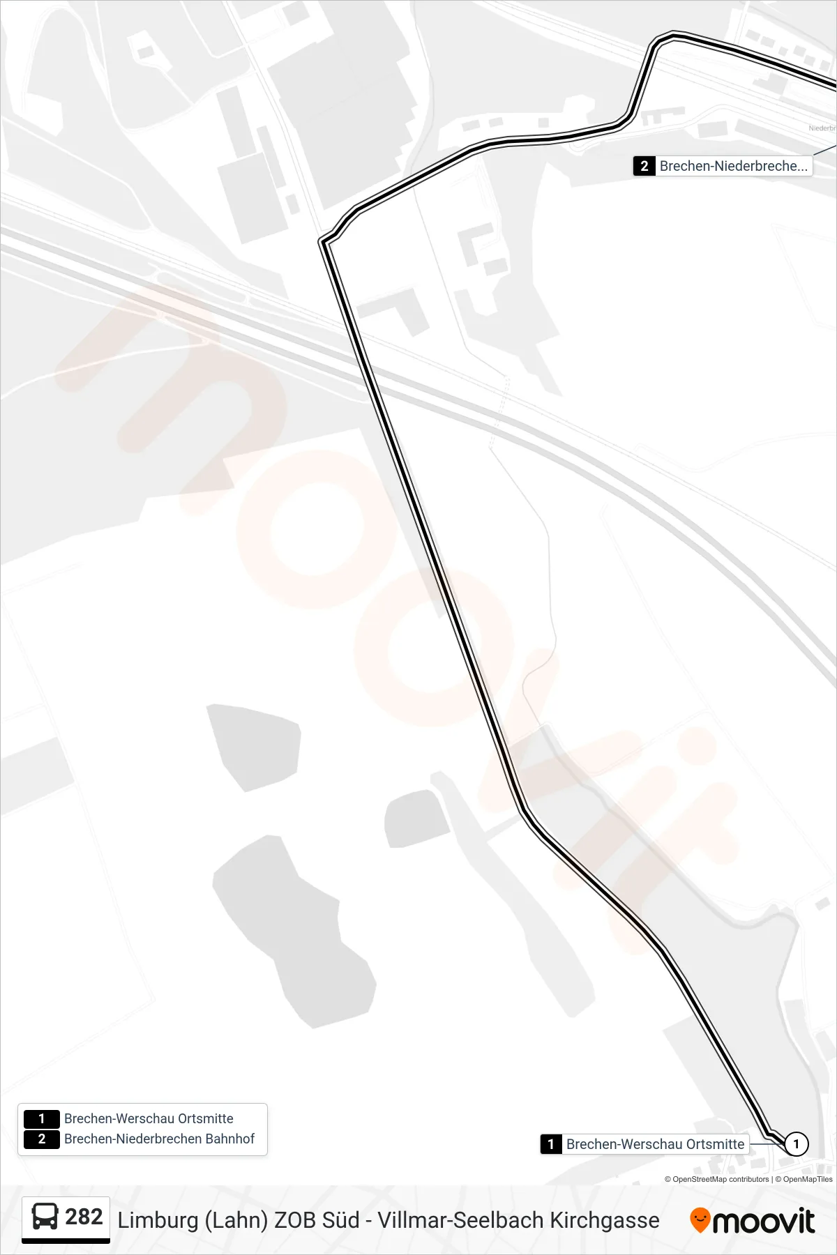 282 bus Line (Brechen-Niederbrechen Bahnhof) route and stops on a map