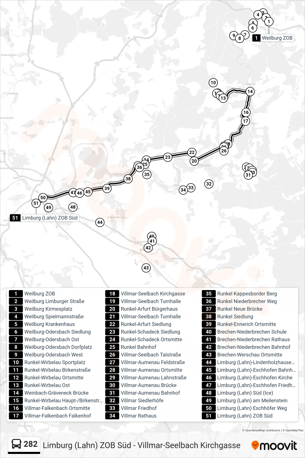 Linie 282 (Bus) Richtung Limburg (Lahn) ZOB Süd: Route und Haltestellen auf der Karte