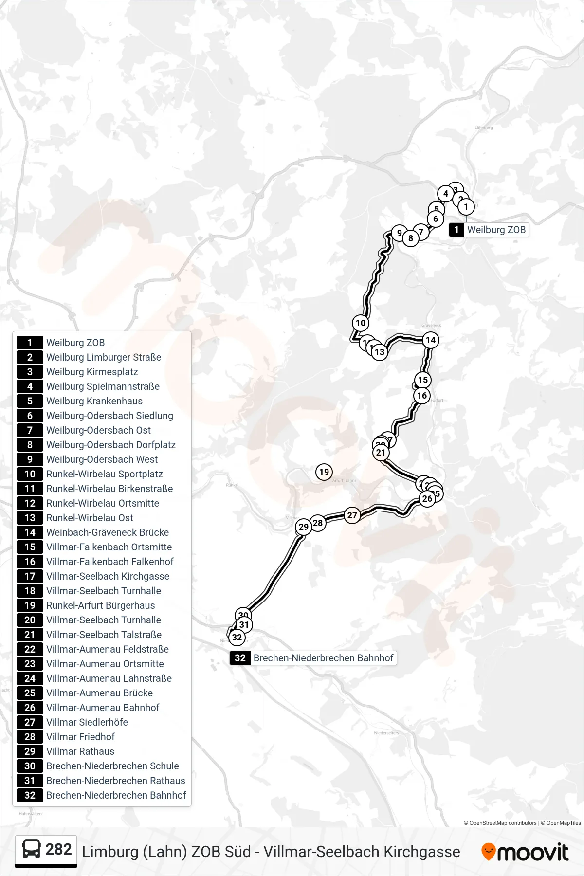 282 bus Line (Brechen-Niederbrechen Bahnhof) route and stops on a map
