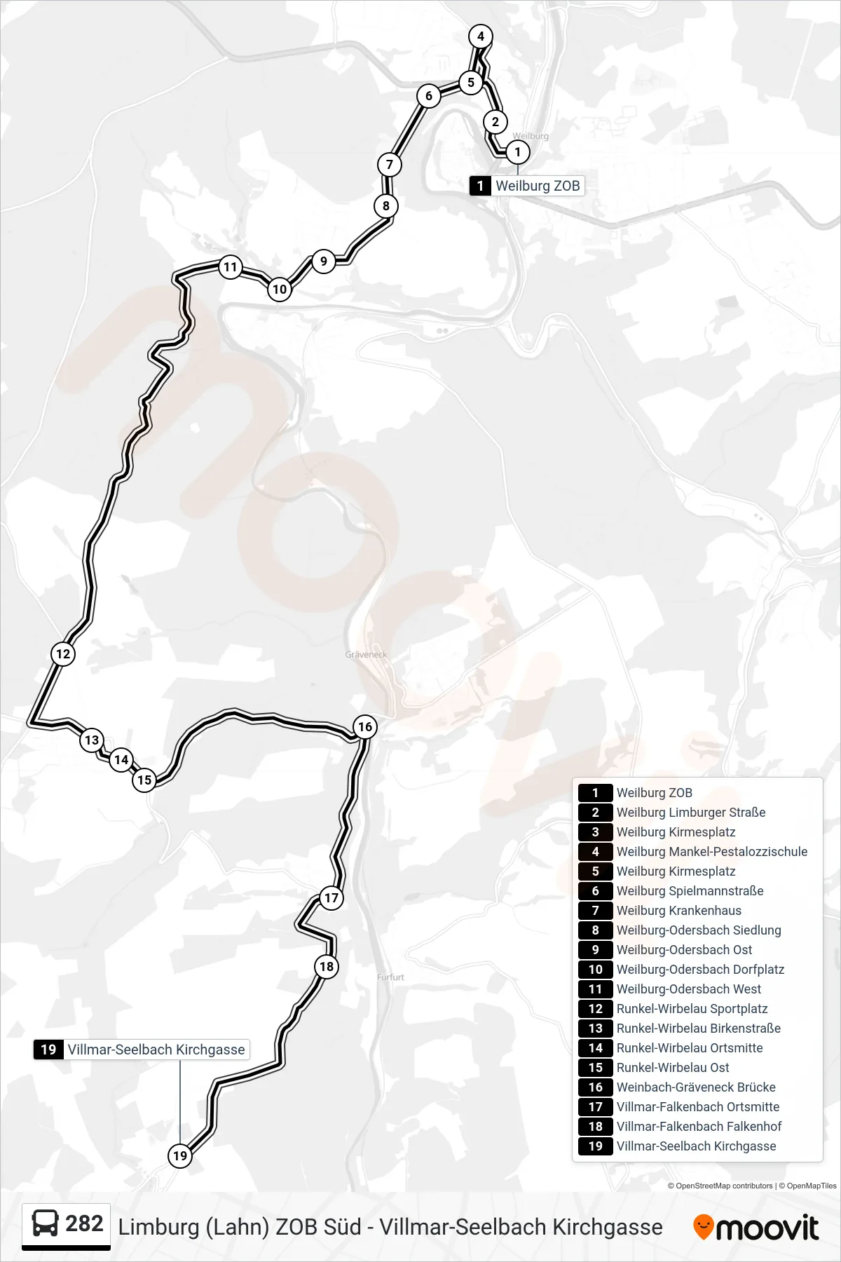 282 bus Line (Villmar-Seelbach Kirchgasse) route and stops on a map