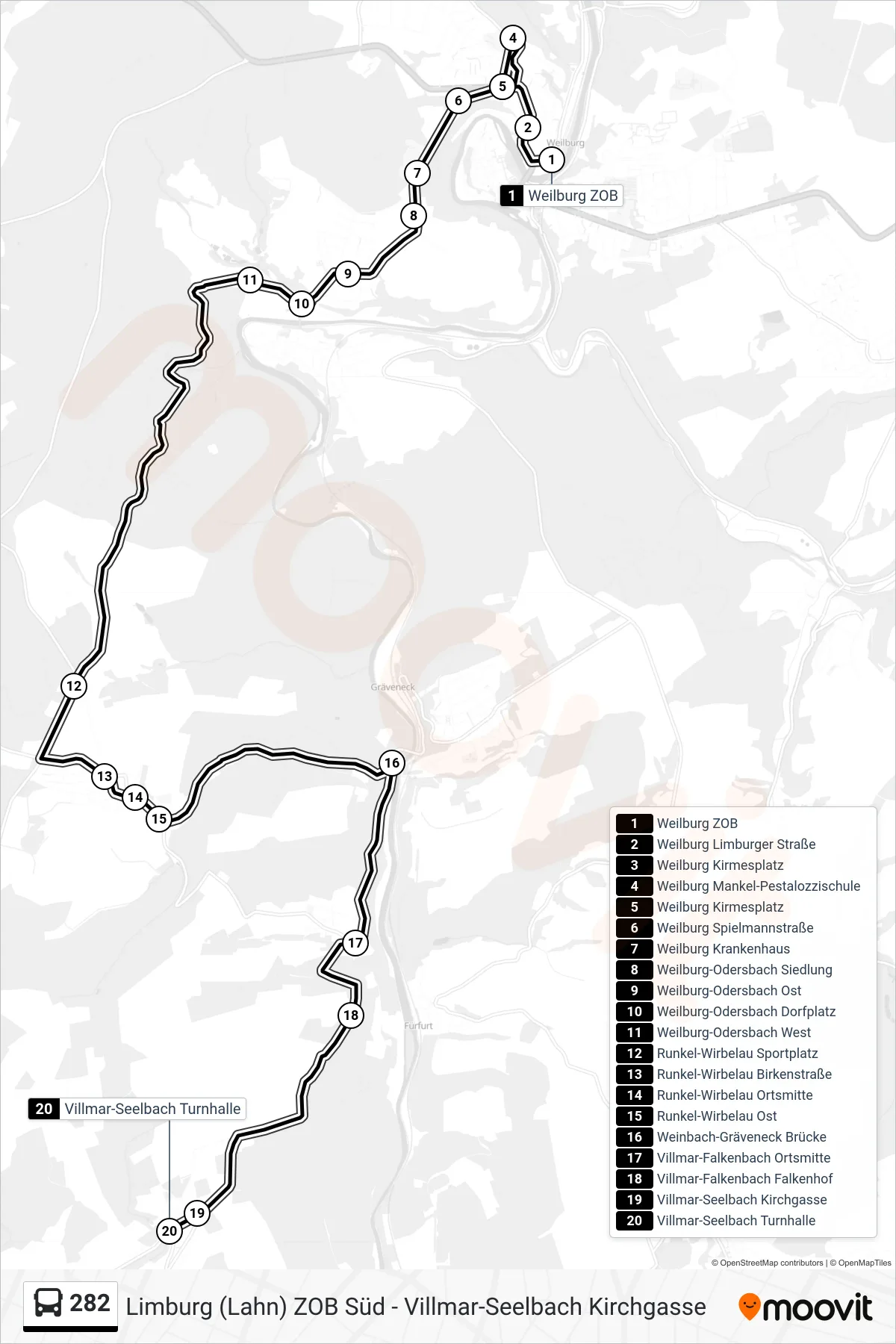 282 bus Line (Villmar-Seelbach Turnhalle) route and stops on a map