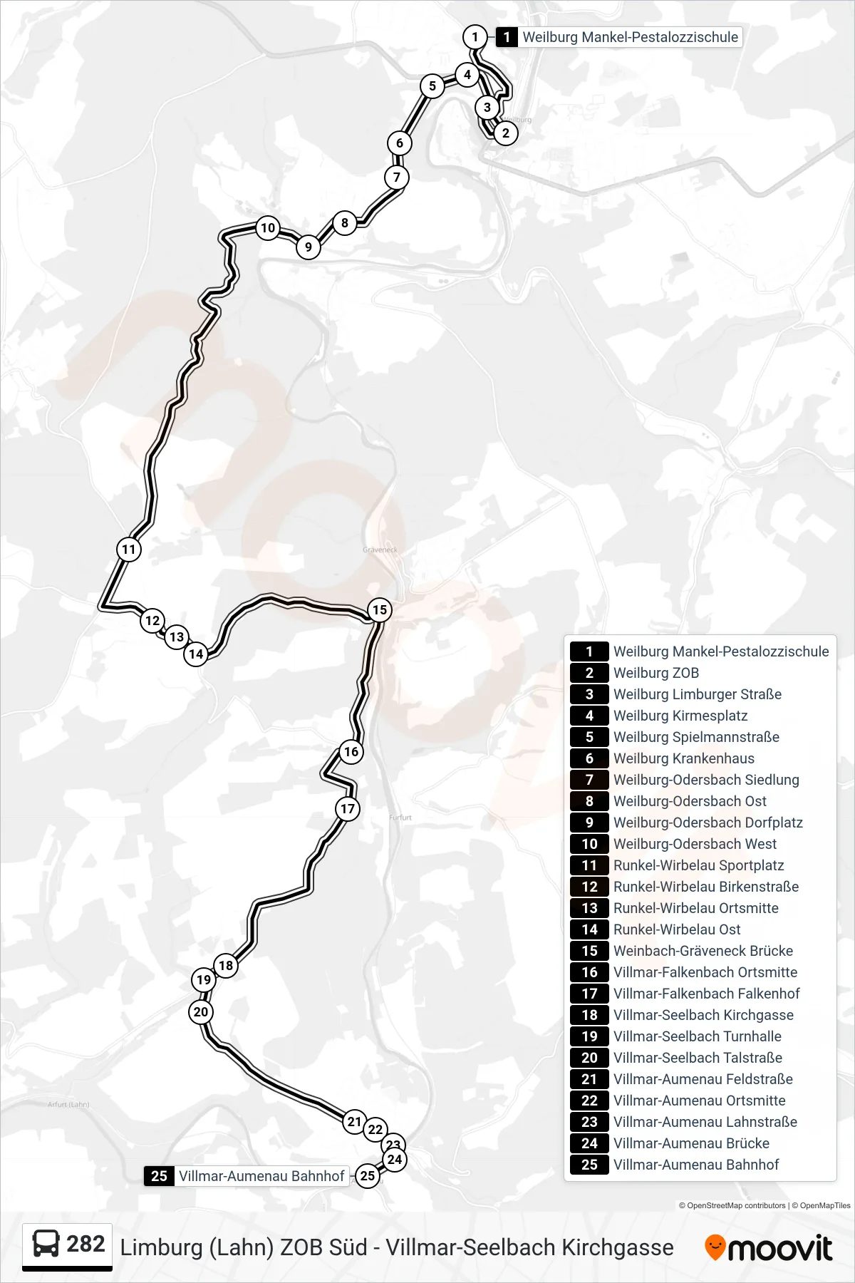 282 bus Line (Villmar-Aumenau Bahnhof) route and stops on a map