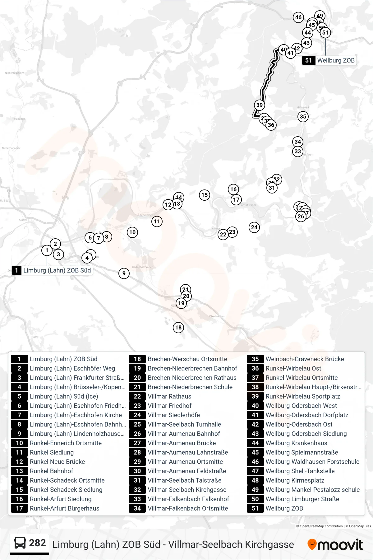 282 bus Line (Weilburg ZOB) route and stops on a map
