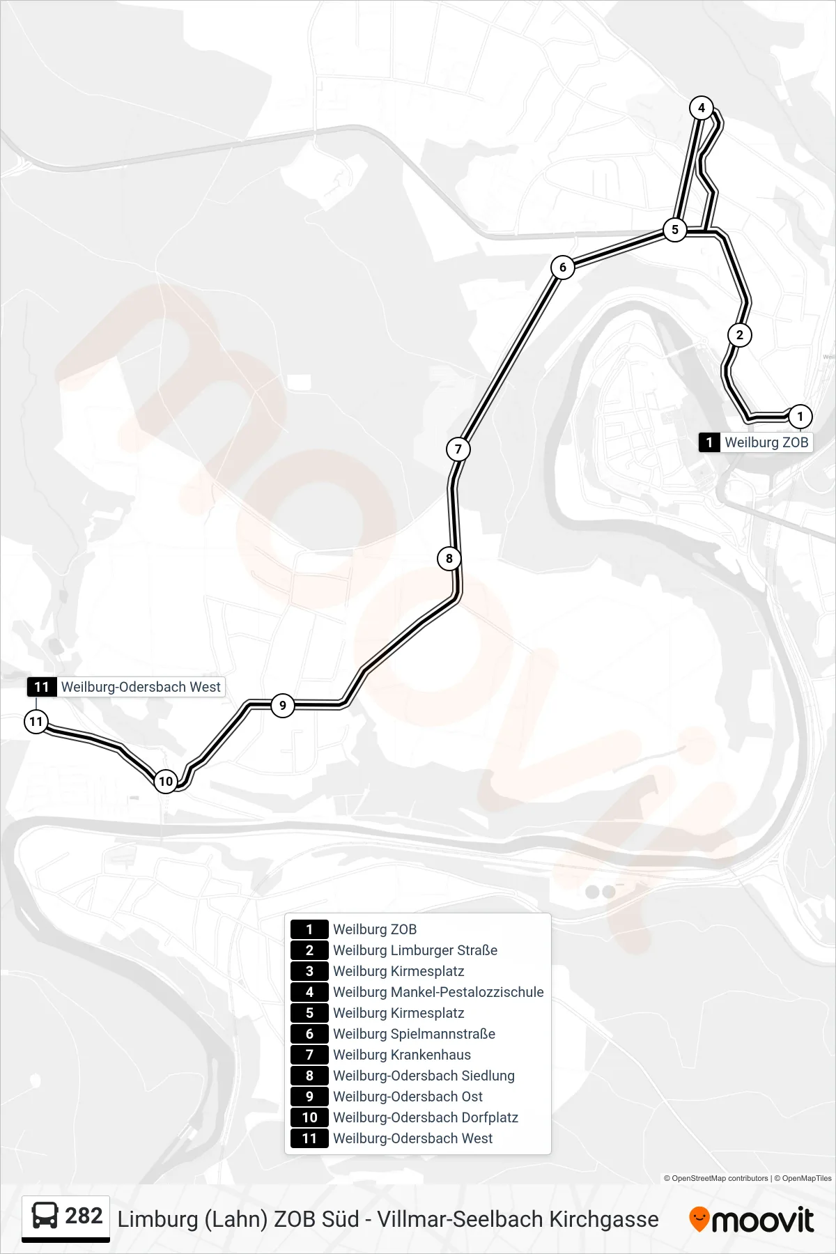 282 bus Line (Weilburg-Odersbach West) route and stops on a map